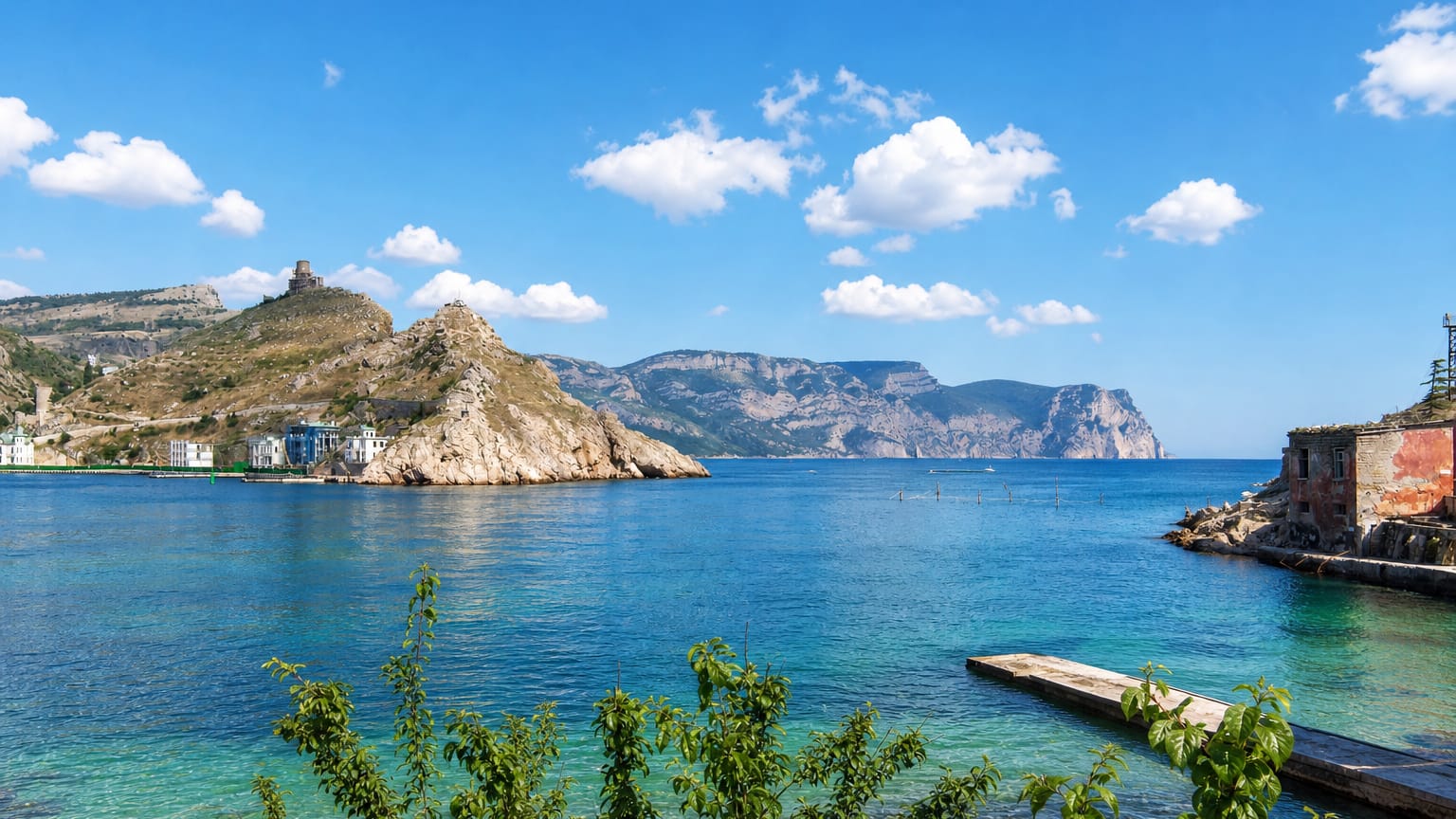 Turquoise bay framed by rocky headlands and a hilltop fortress ruin on the Crimean coast near Sevastopol.