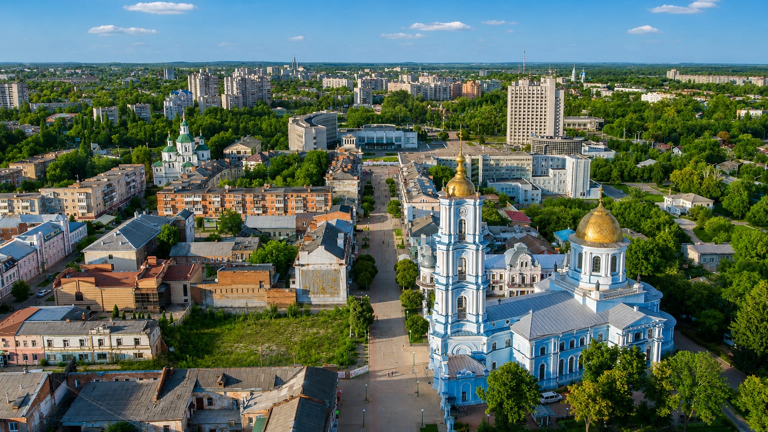Aerial view of Sumy, Ukraine, with the blue-and-gold Transfiguration Cathedral rising above a tree-lined pedestrian street.