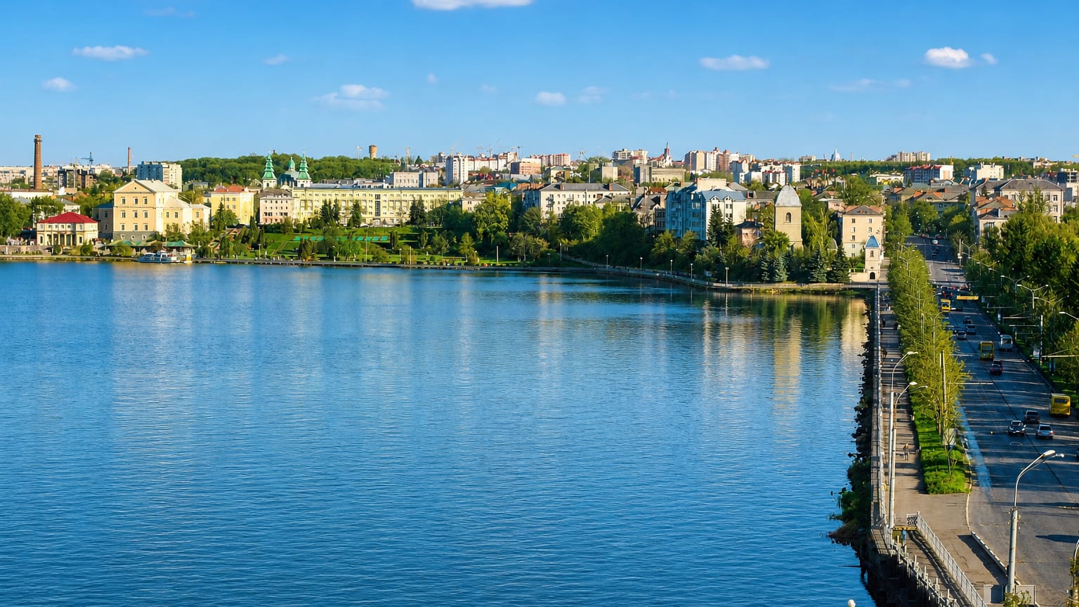 Ternopil's skyline and green church domes seen across the calm Ternopil Pond with a riverside boulevard