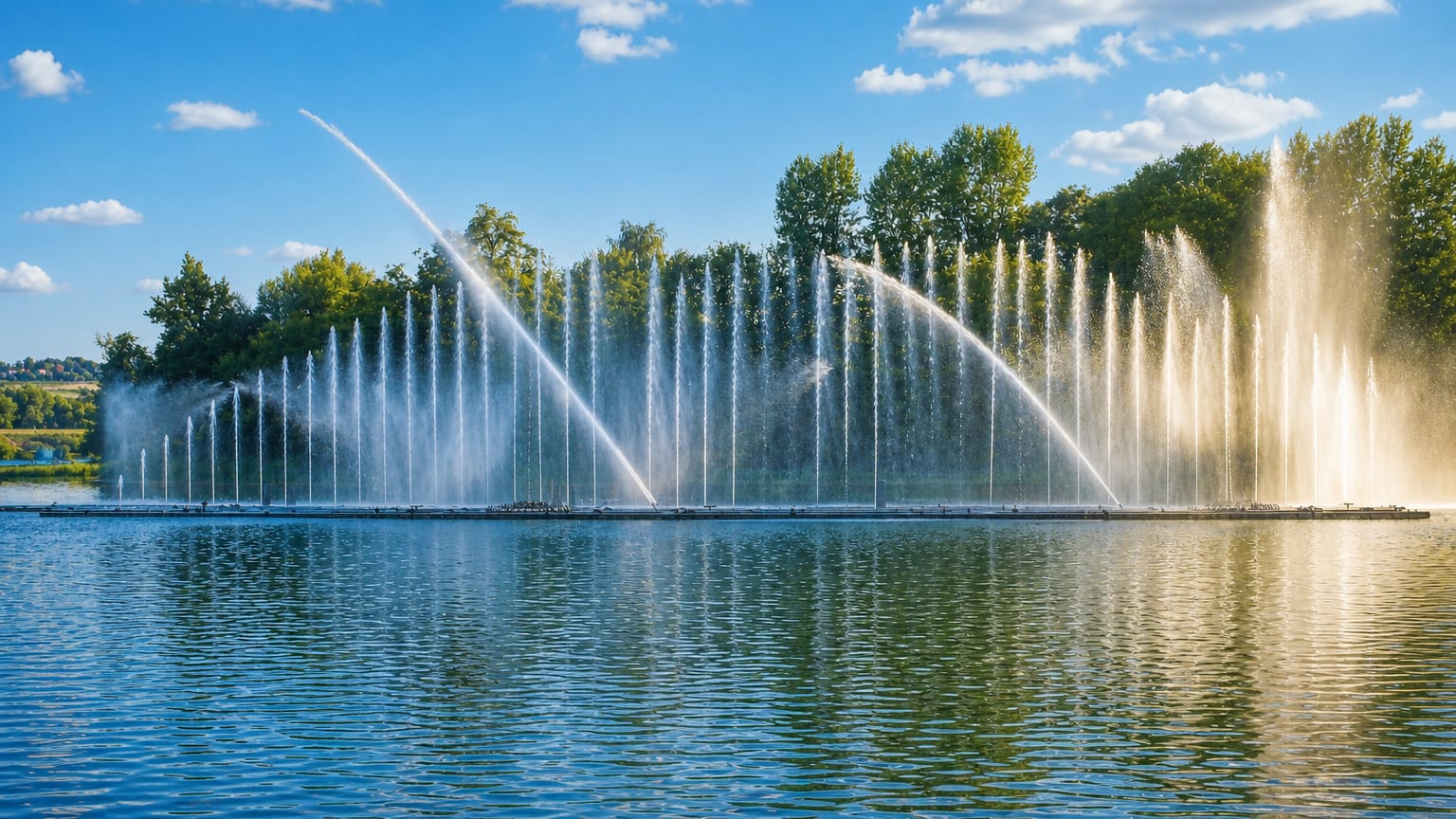 Vinnytsia's Roshen floating fountain shooting tall water jets over the Southern Bug river beside green trees