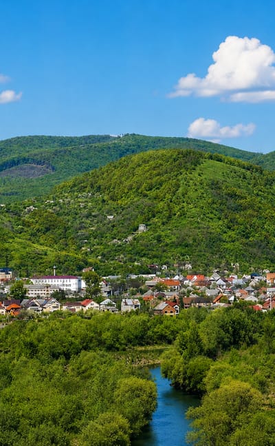Mukachevo, Ukraine, set in a green Carpathian valley with a river winding past red-roofed houses below forested hills.