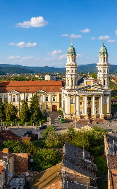 Uzhhorod old town with the twin green-domed baroque Holy Cross Cathedral and Carpathian foothills behind