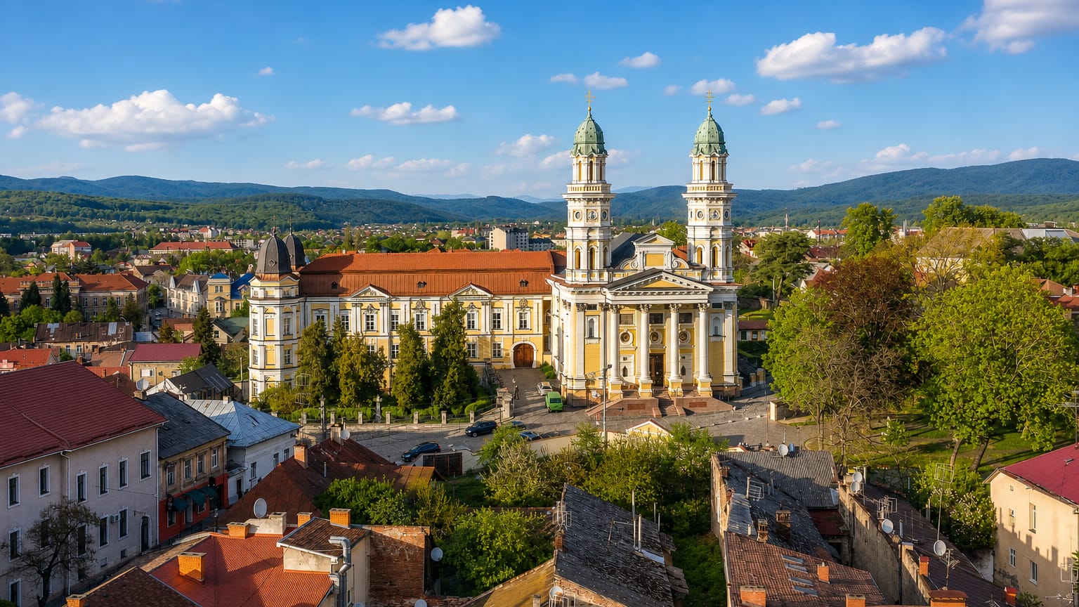 Uzhhorod old town with the twin green-domed baroque Holy Cross Cathedral and Carpathian foothills behind