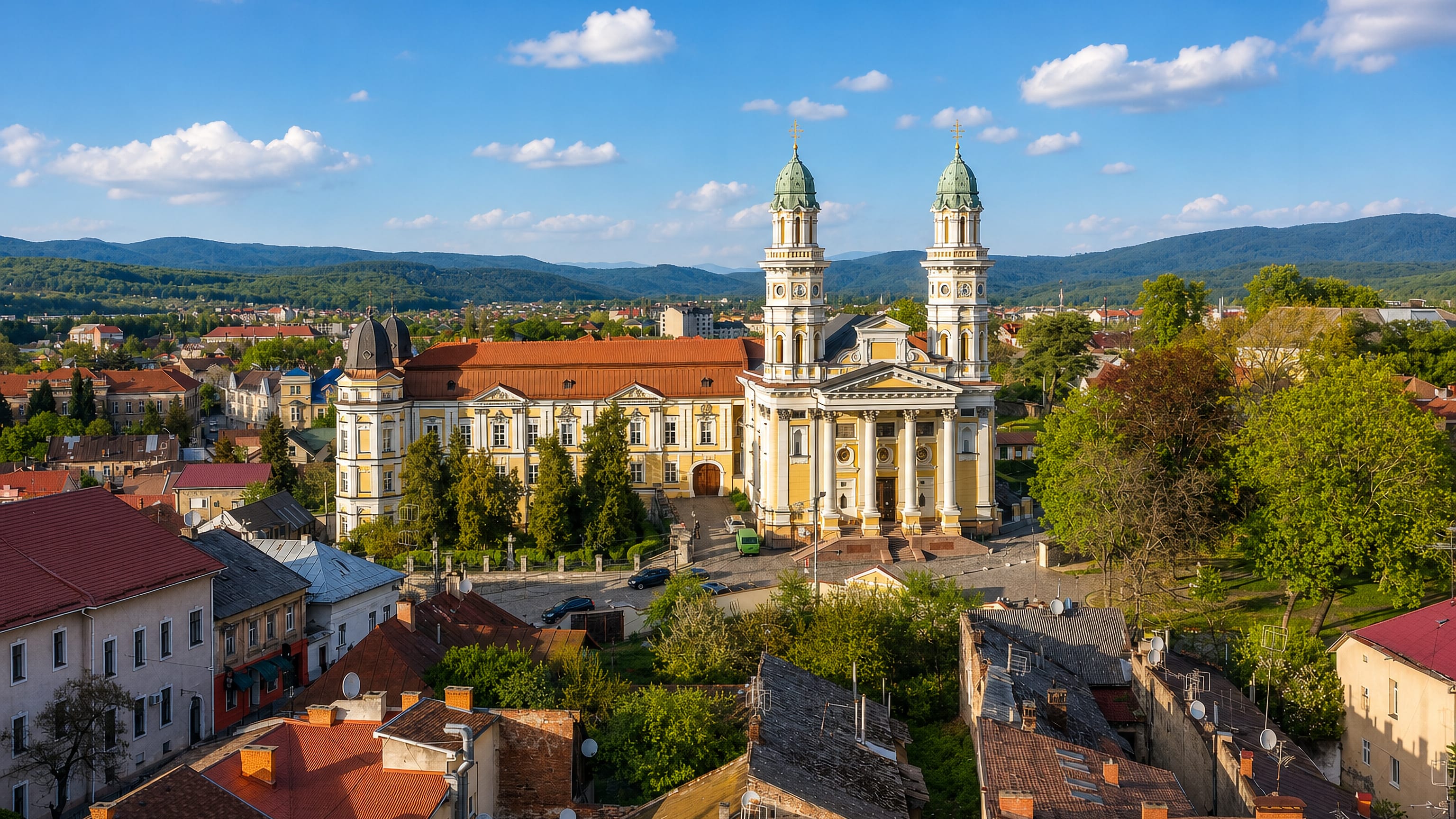 Uzhhorod old town with the twin green-domed baroque Holy Cross Cathedral and Carpathian foothills behind