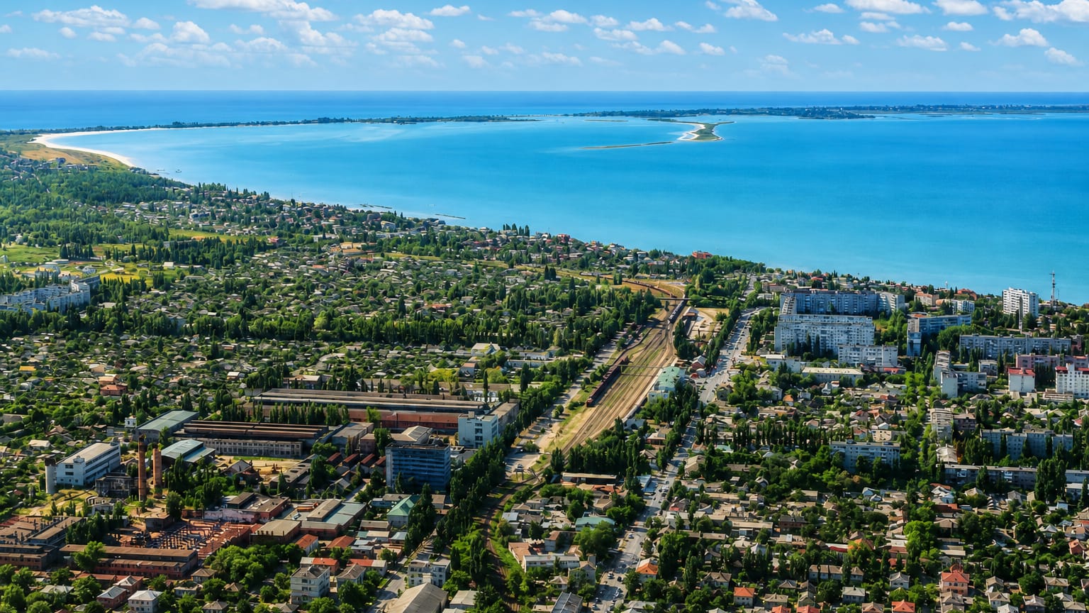 Aerial view of Berdyansk, Ukraine, overlooking the town and the curving sandbar spit reaching into the Sea of Azov.