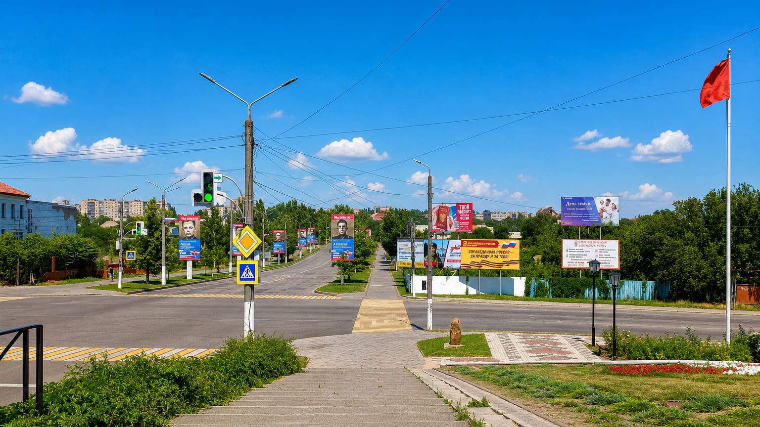 Wide boulevard in Melitopol, Ukraine, lined with billboards and street lamps under a clear blue sky.