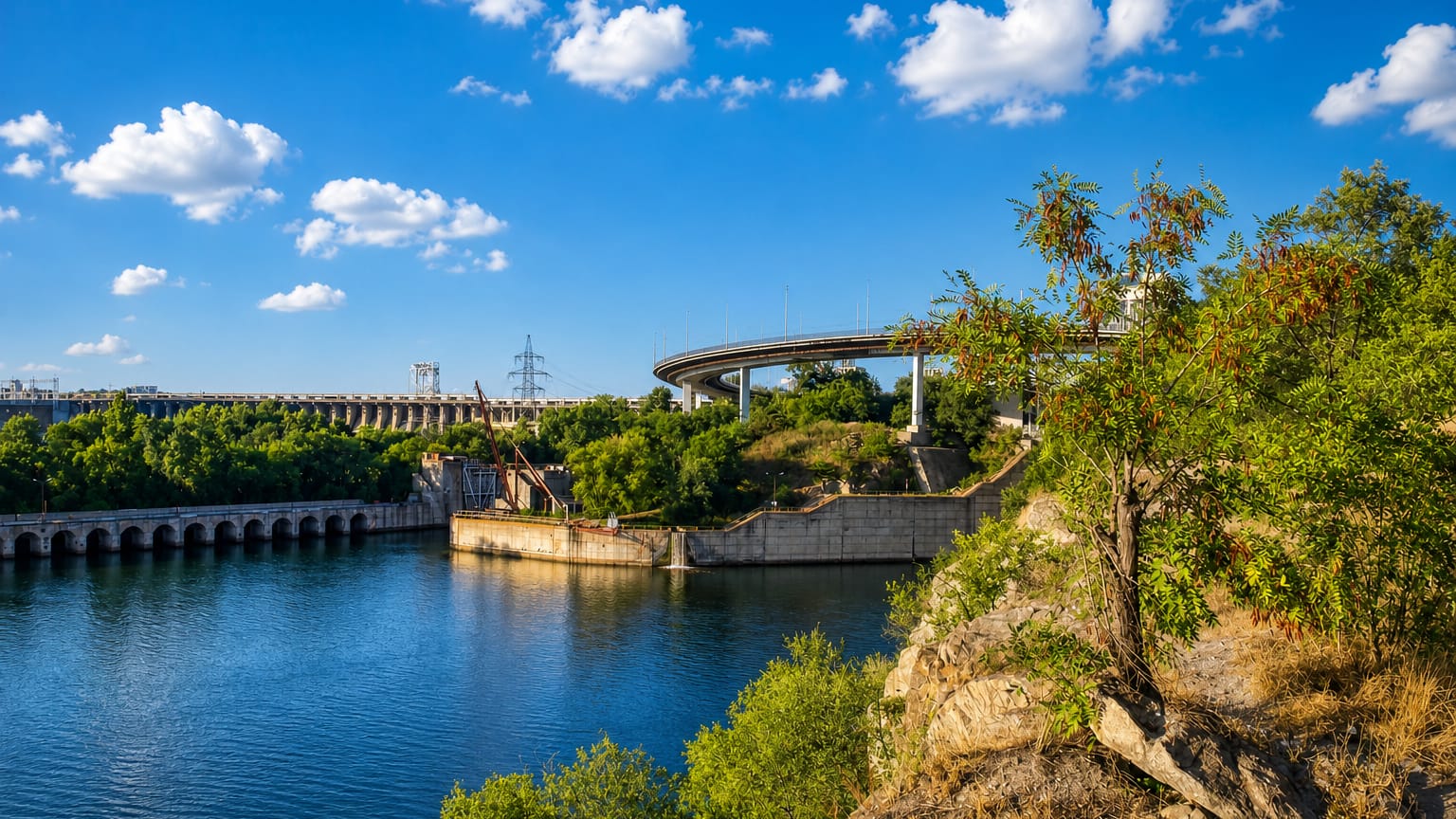 The Dnieper River at Zaporizhzhia with the DniproHES dam and a curving road bridge on rocky banks.