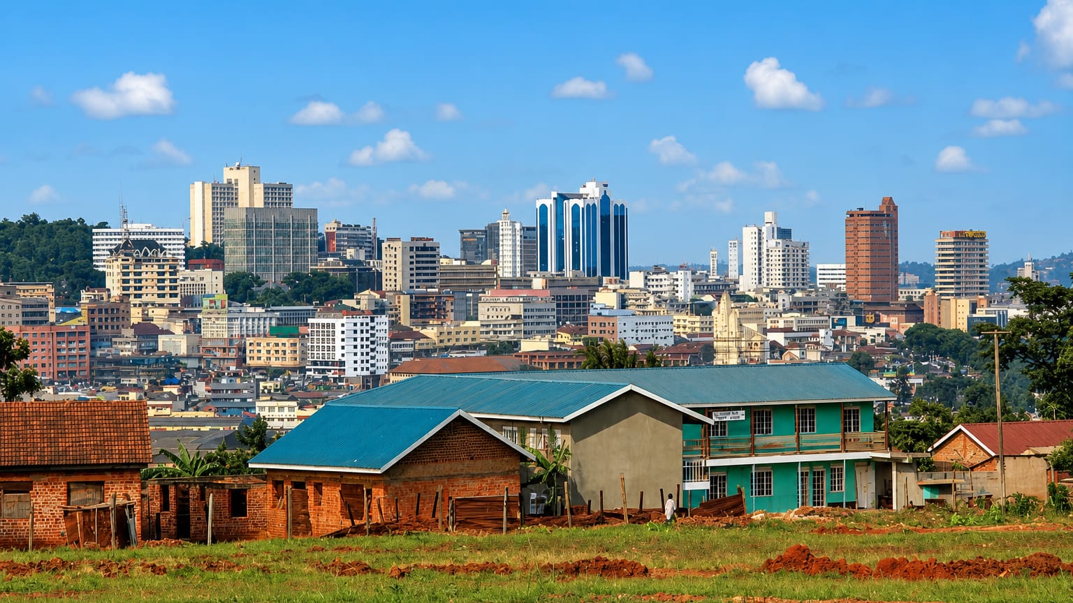 Kampala's hilltop skyline of mid-rise towers rising beyond red-brick houses and green fields, Uganda.