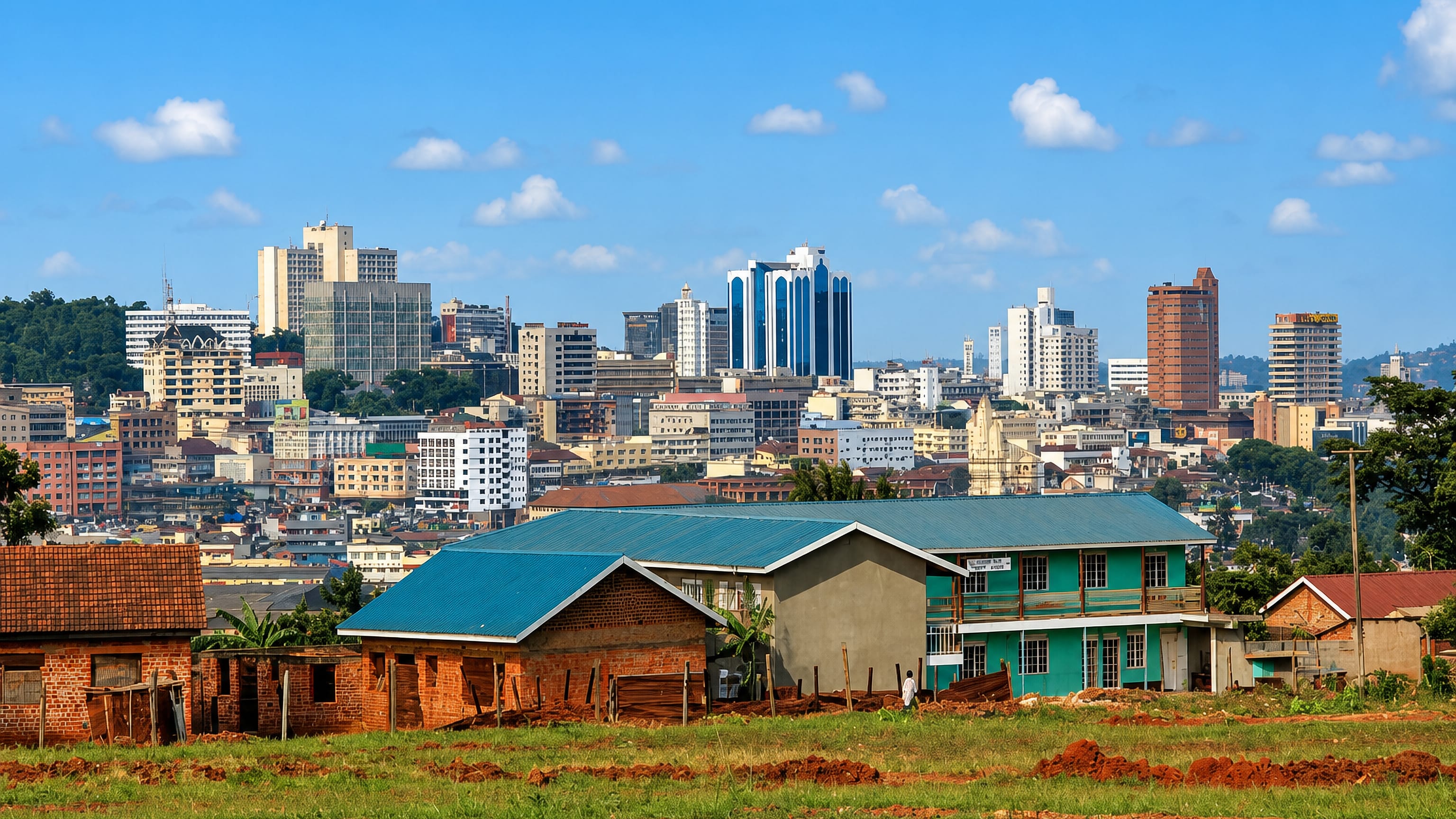 Kampala's hilltop skyline of mid-rise towers rising beyond red-brick houses and green fields, Uganda.