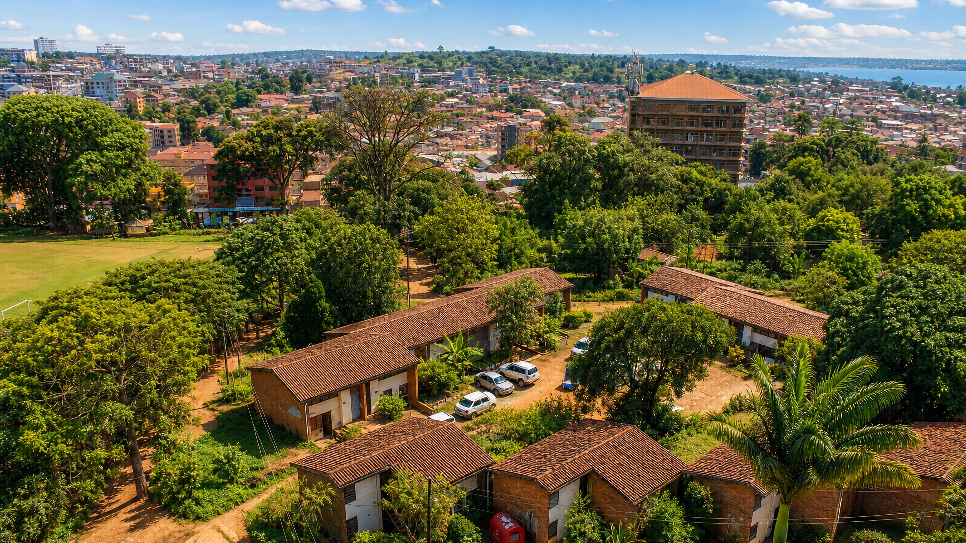 Red-tiled campus buildings on Makerere hill above Kampala's rooftops, with Lake Victoria on the horizon.