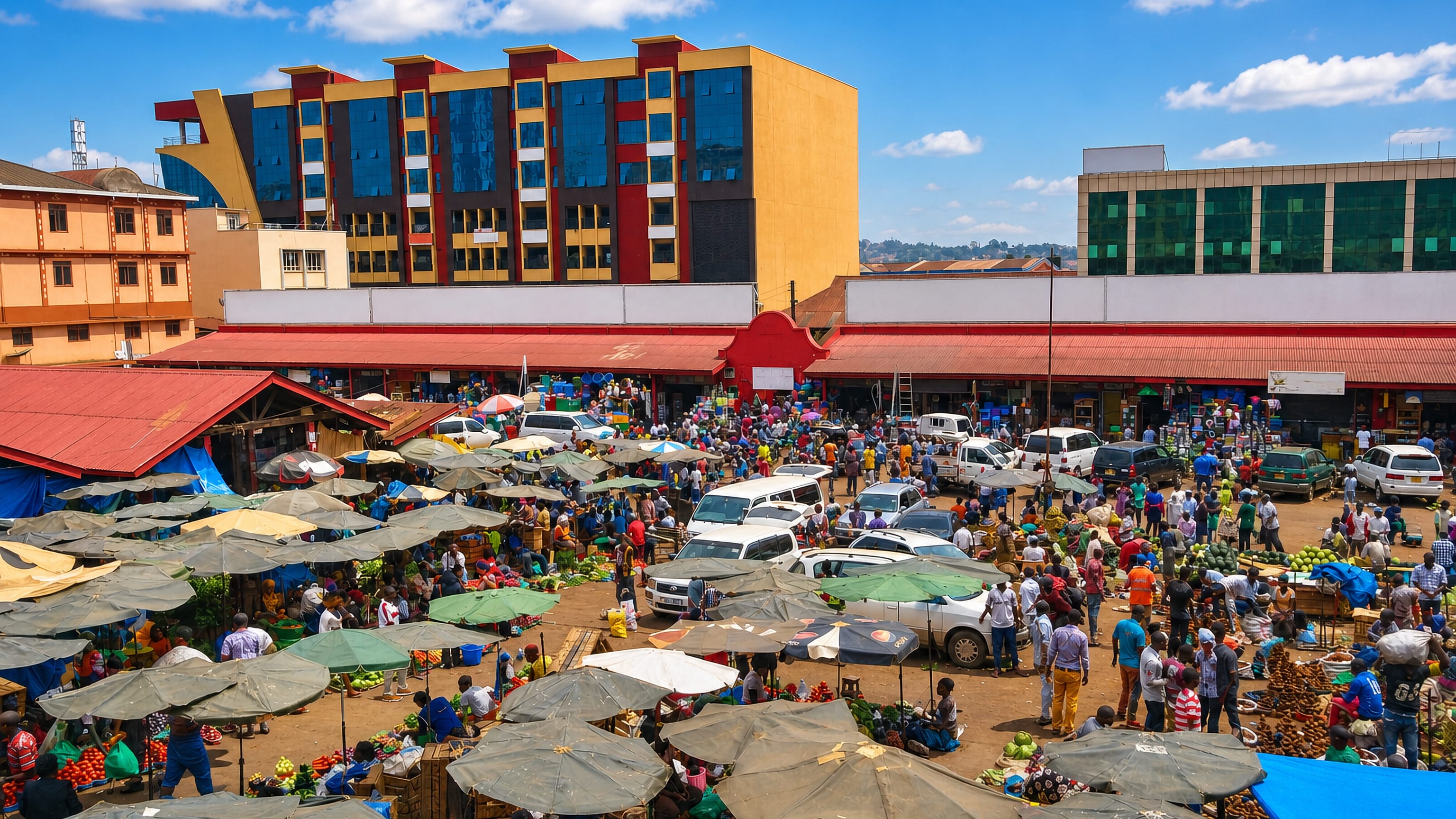 Crowded open-air market stalls under umbrellas below colourful mid-rise blocks in Nakasero, Kampala.