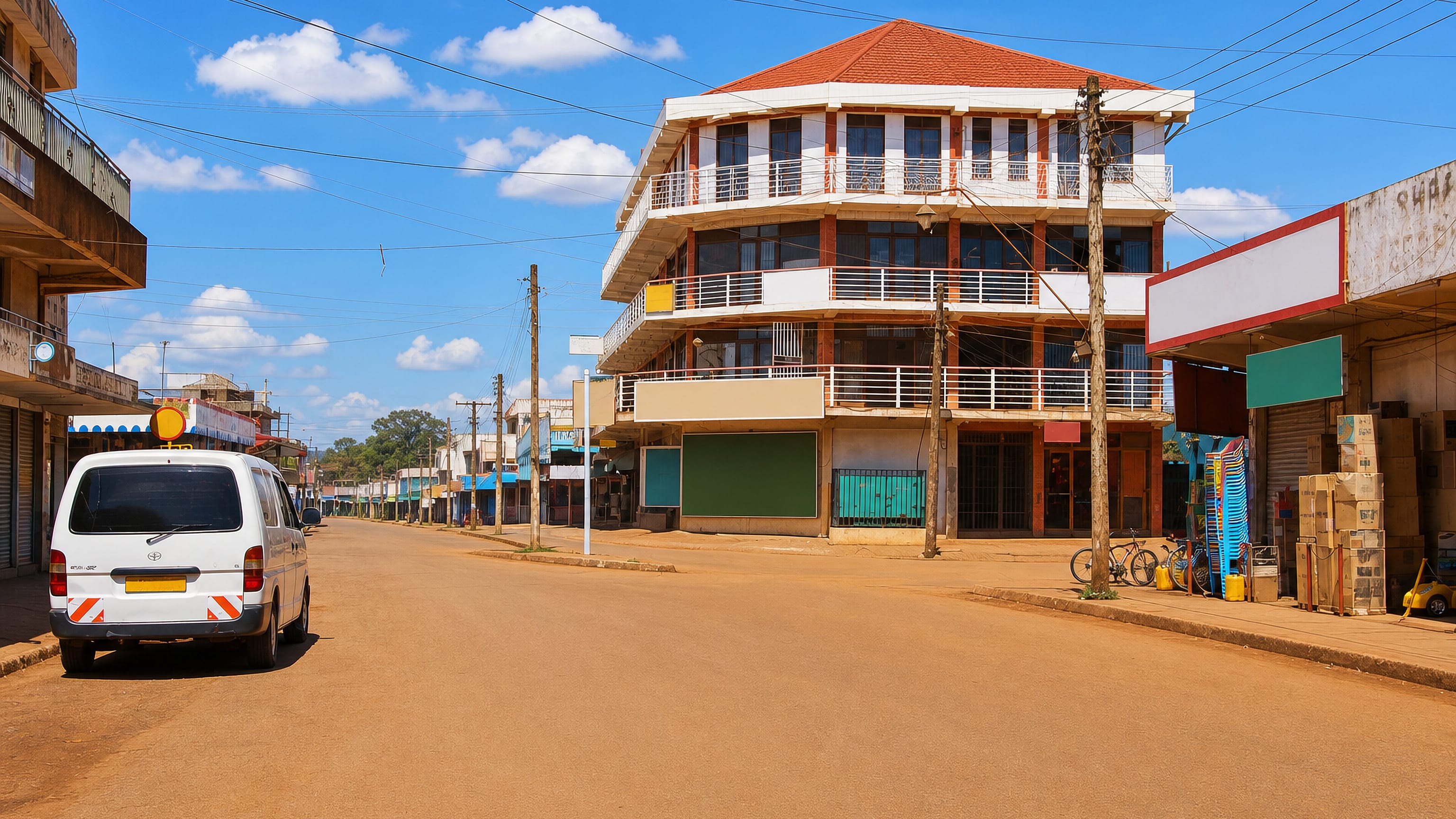 Corner shophouse block on a red-earth main street in Jinja, Uganda, under a bright sky.