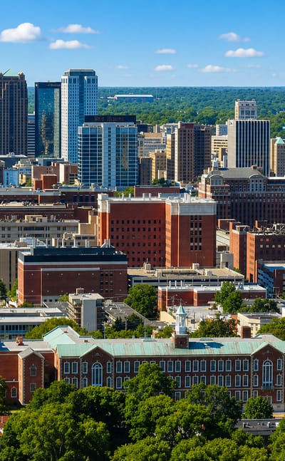 Downtown Birmingham, Alabama skyline of mid-rise towers above red-brick buildings and trees