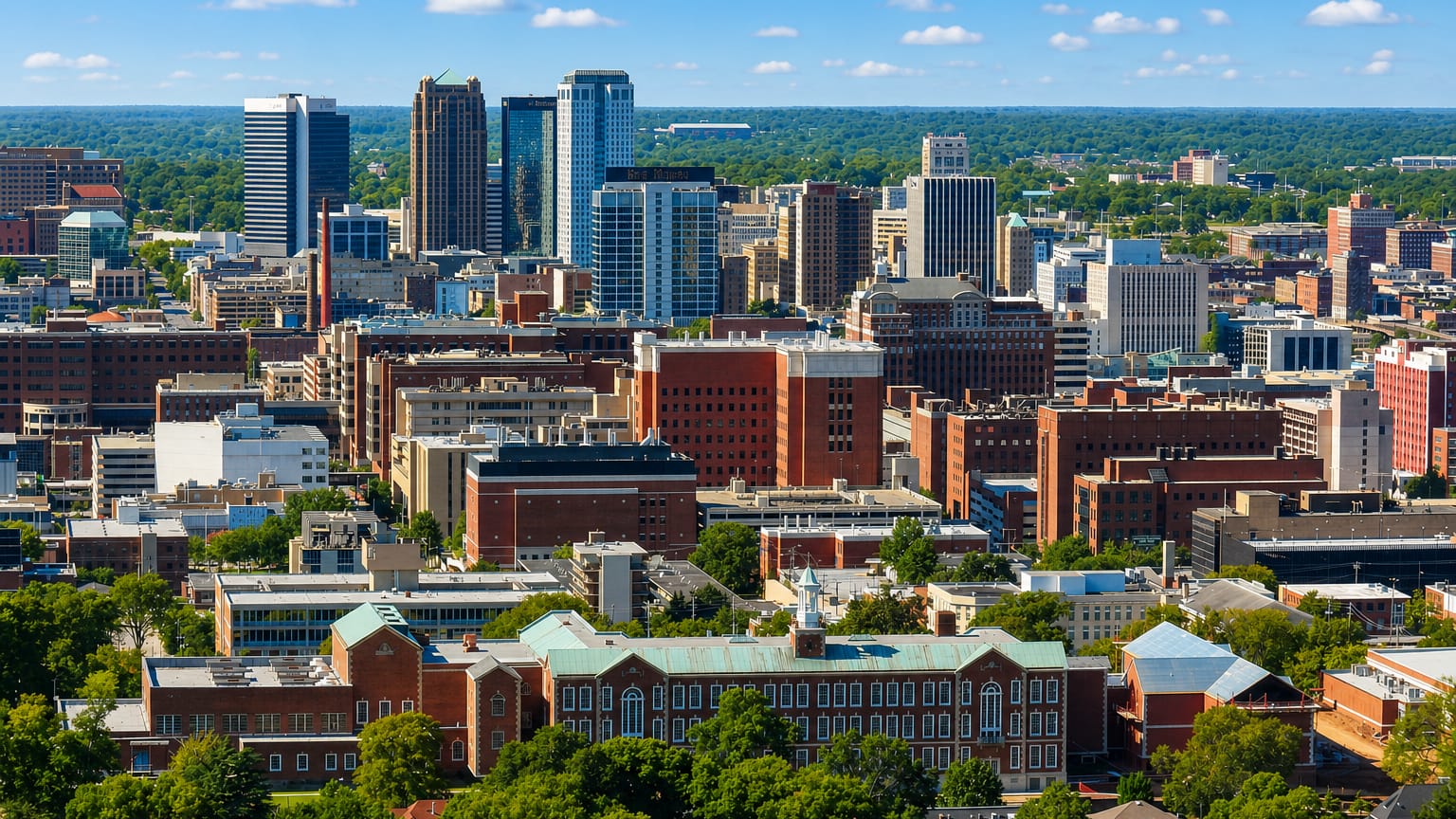 Downtown Birmingham, Alabama skyline of mid-rise towers above red-brick buildings and trees