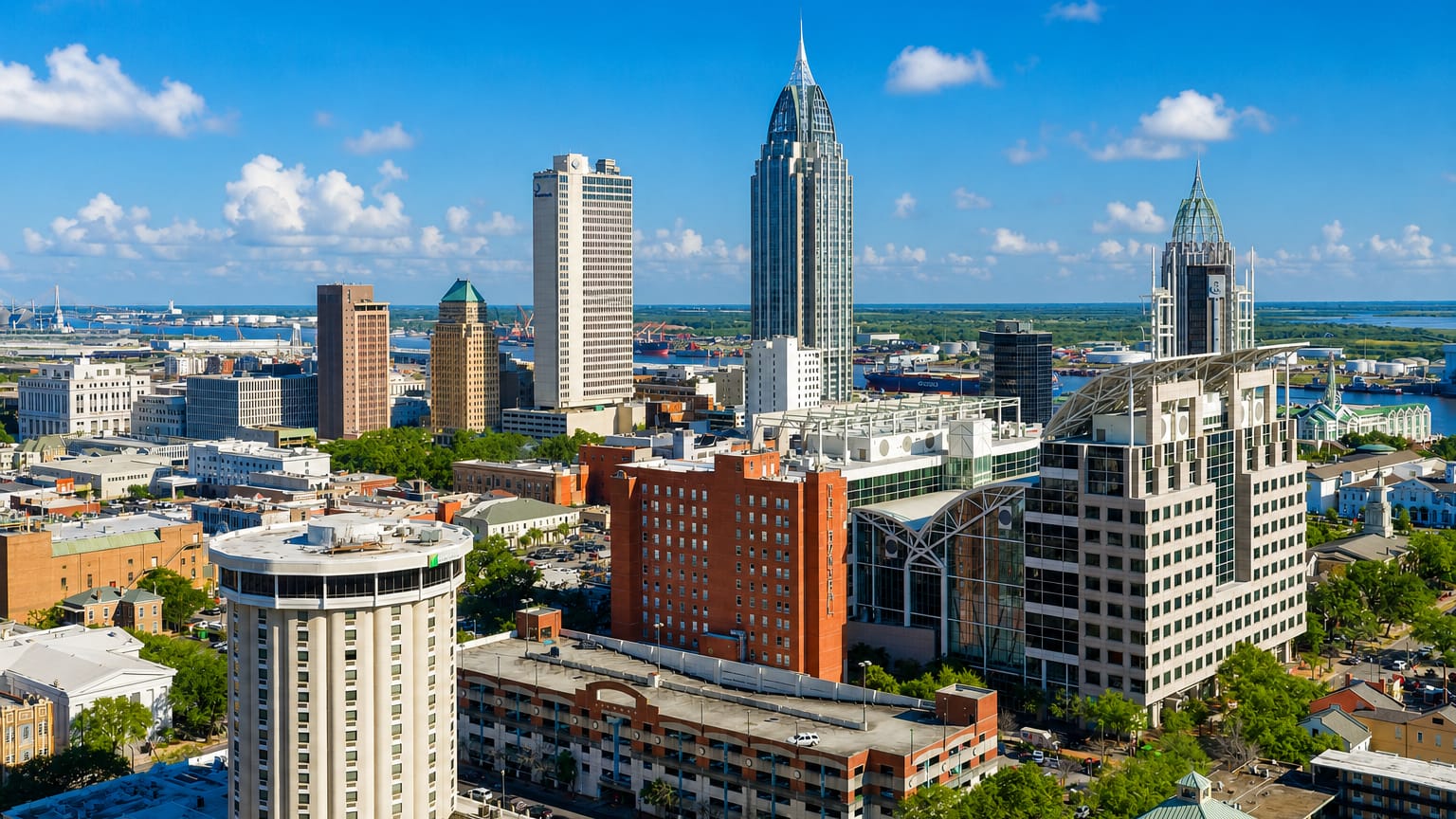 Downtown Mobile, Alabama, skyline led by the spired RSA Battle House Tower, with the port and bay beyond.