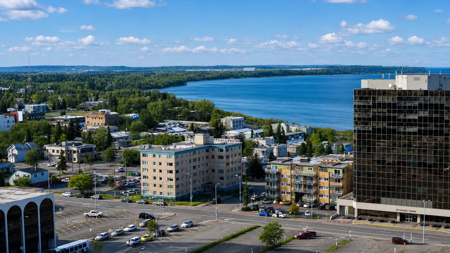 Aerial view of downtown Anchorage from Bootleggers Cove with low buildings and Cook Inlet's forested shoreline behind