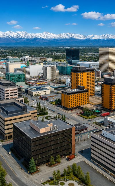 Aerial view of downtown Anchorage, Alaska with low-rise buildings and the snow-capped Chugach Mountains behind.
