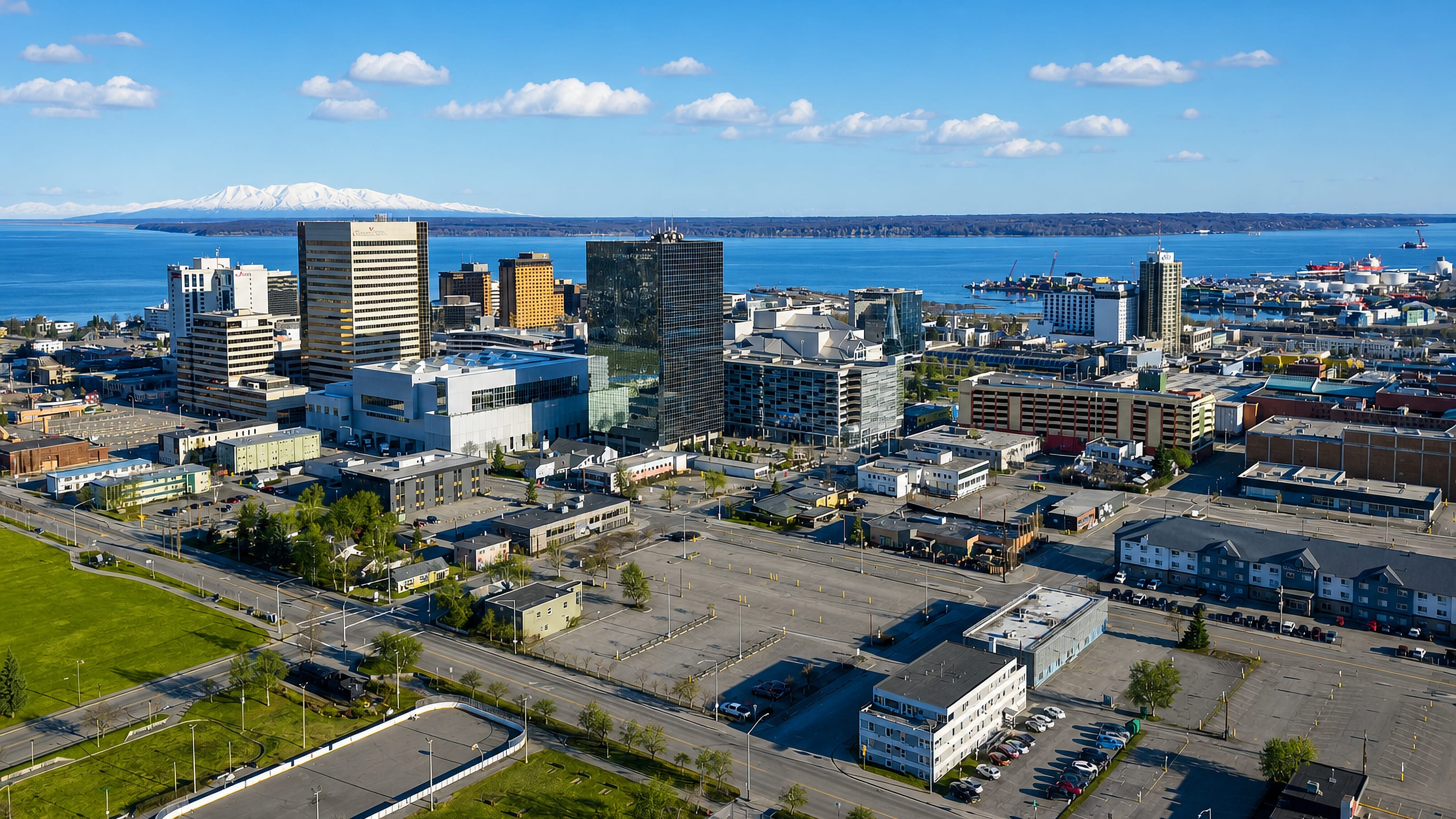 Downtown Anchorage's towers above Cook Inlet, with snow-capped Mount Susitna across the water