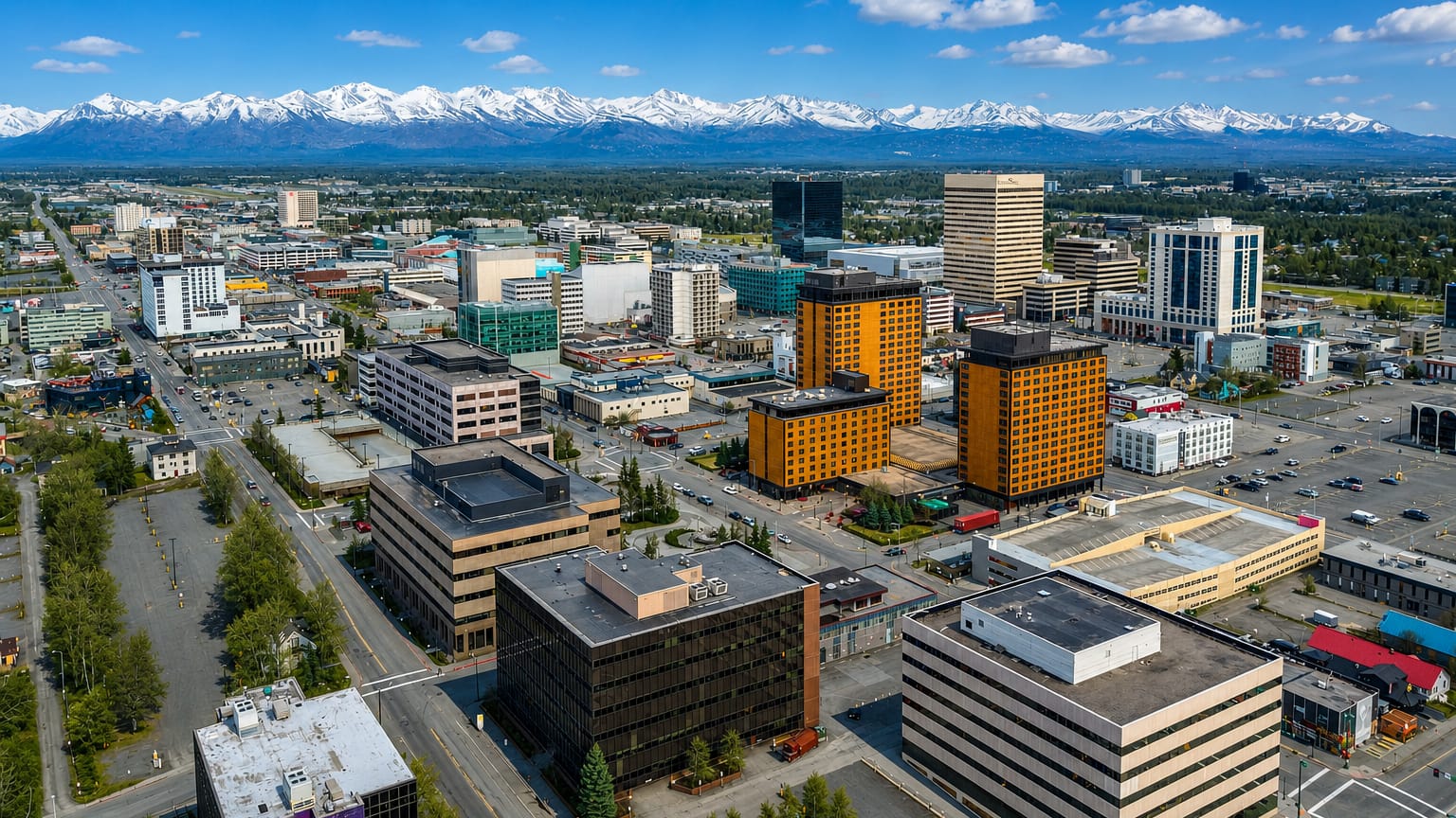 Aerial view of downtown Anchorage, Alaska with low-rise buildings and the snow-capped Chugach Mountains behind.