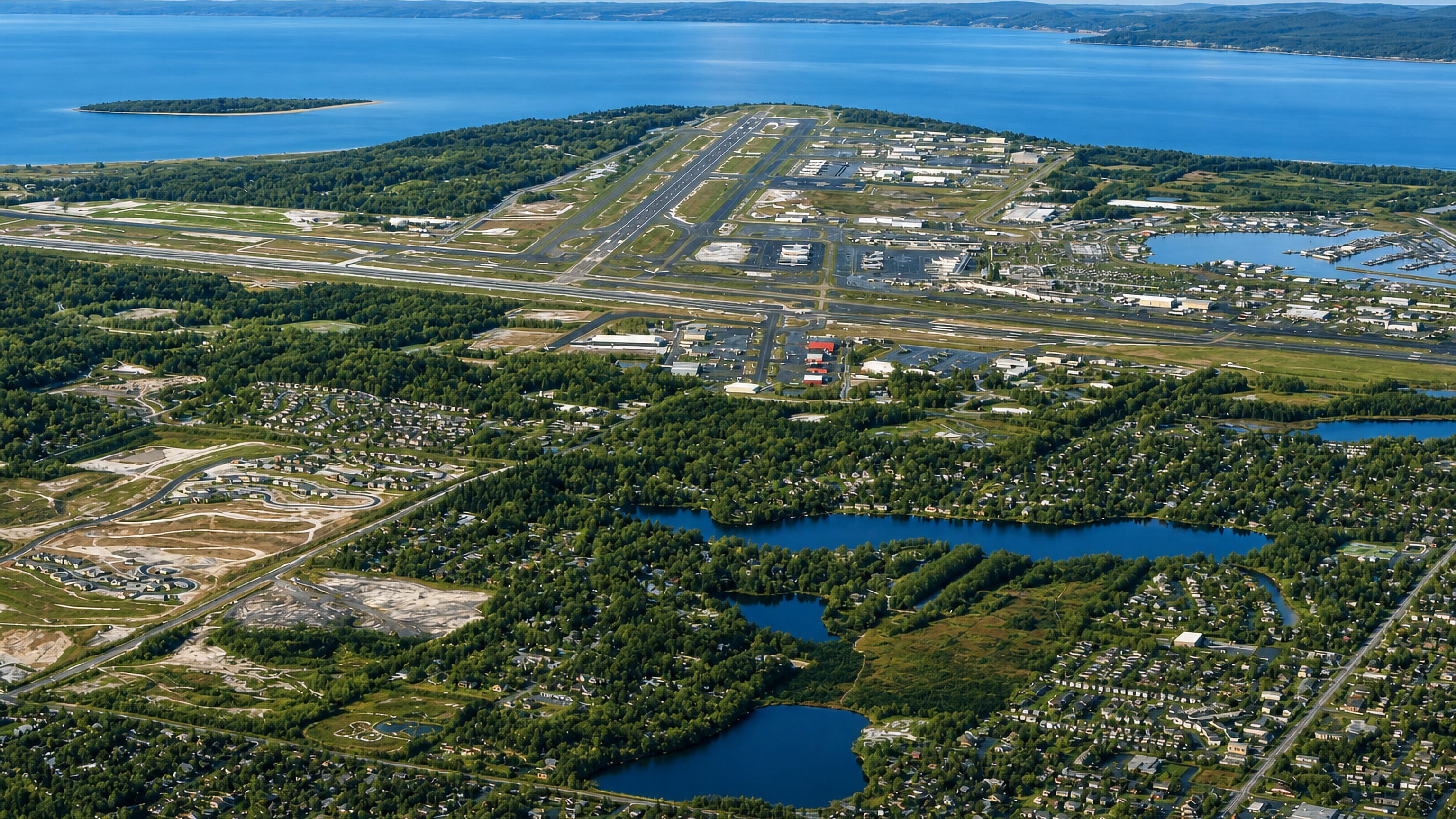 Aerial view over Sand Lake's wooded lakes and homes in Anchorage, with the airport and Cook Inlet beyond.