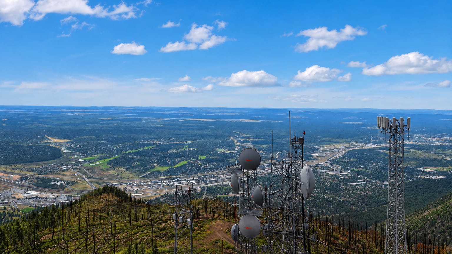 Aerial view over Flagstaff, Arizona from Mount Elden with radio towers in the foreground and the town in the valley