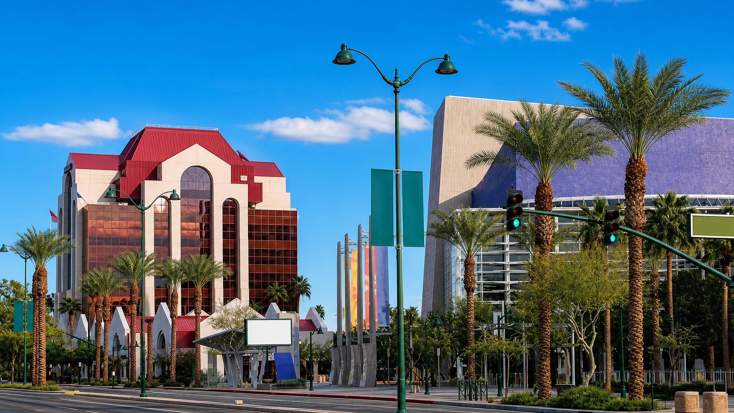 Downtown Mesa, Arizona, with a red-roofed glass office tower and palm-lined street beside the arts centre.