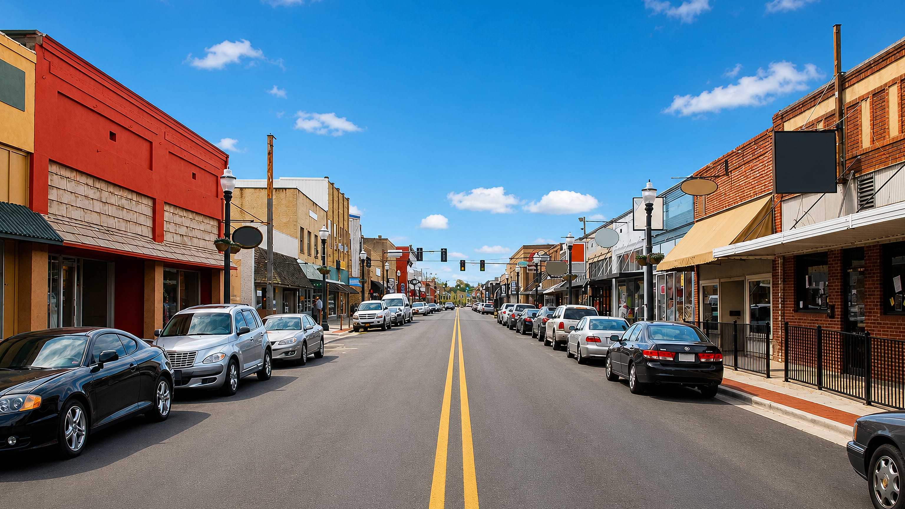 Downtown main street in Conway, Arkansas, lined with brick storefronts and angled parking.