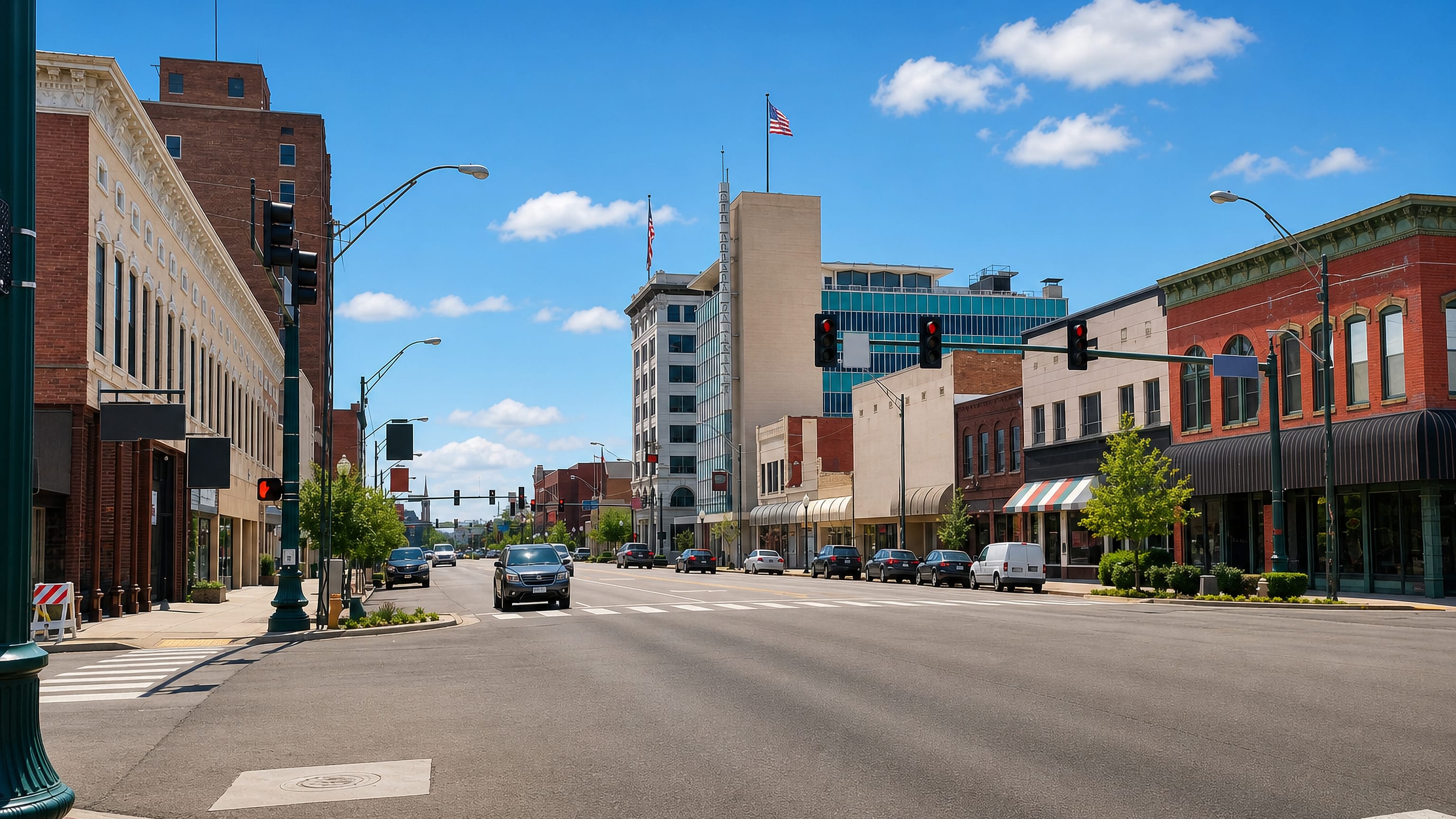 Downtown Fort Smith, Arkansas, with historic brick storefronts and a mid-century tower along a wide avenue