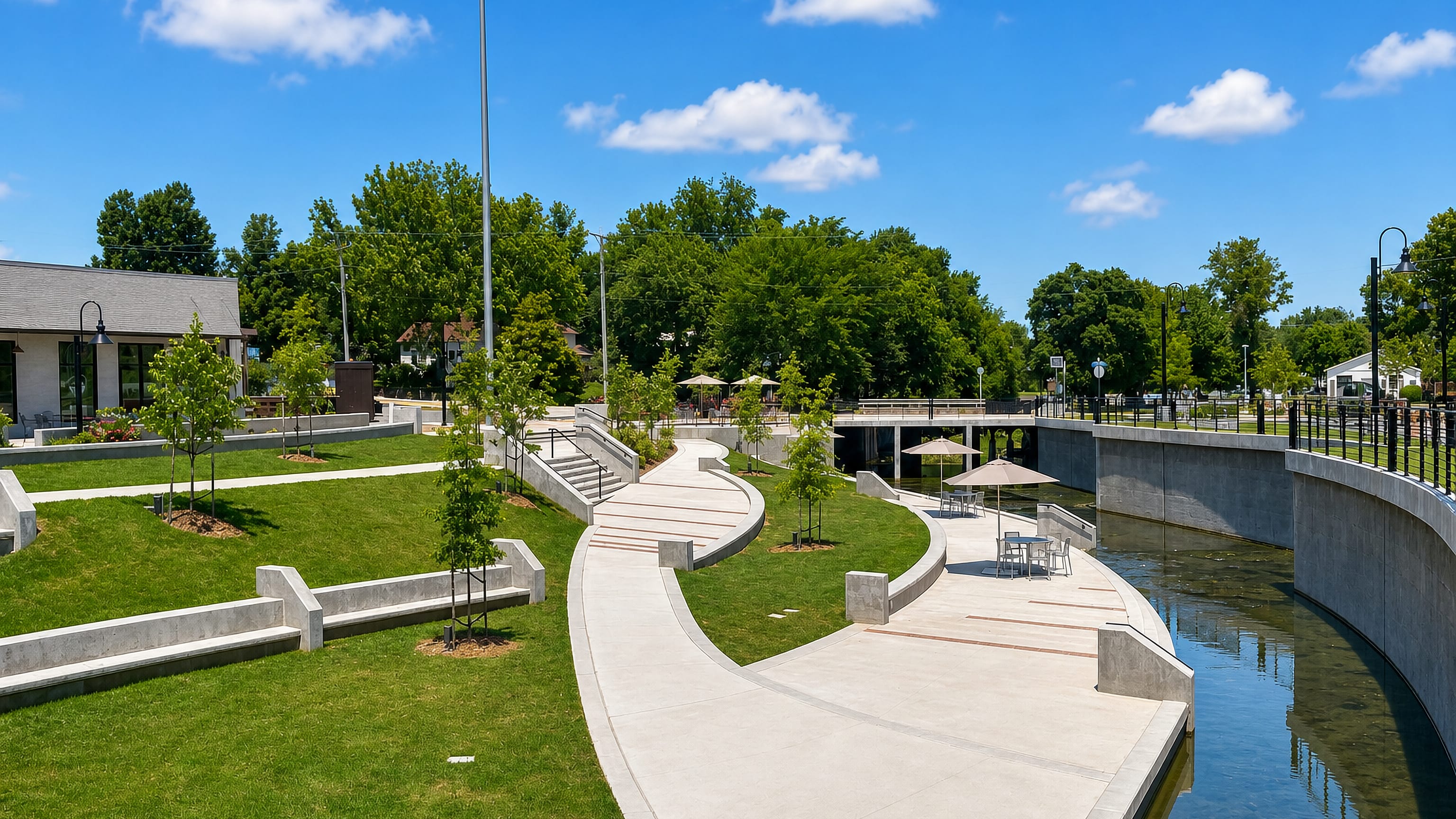 Landscaped creekside plaza and walkways in downtown Springdale, Arkansas, on a sunny summer day.