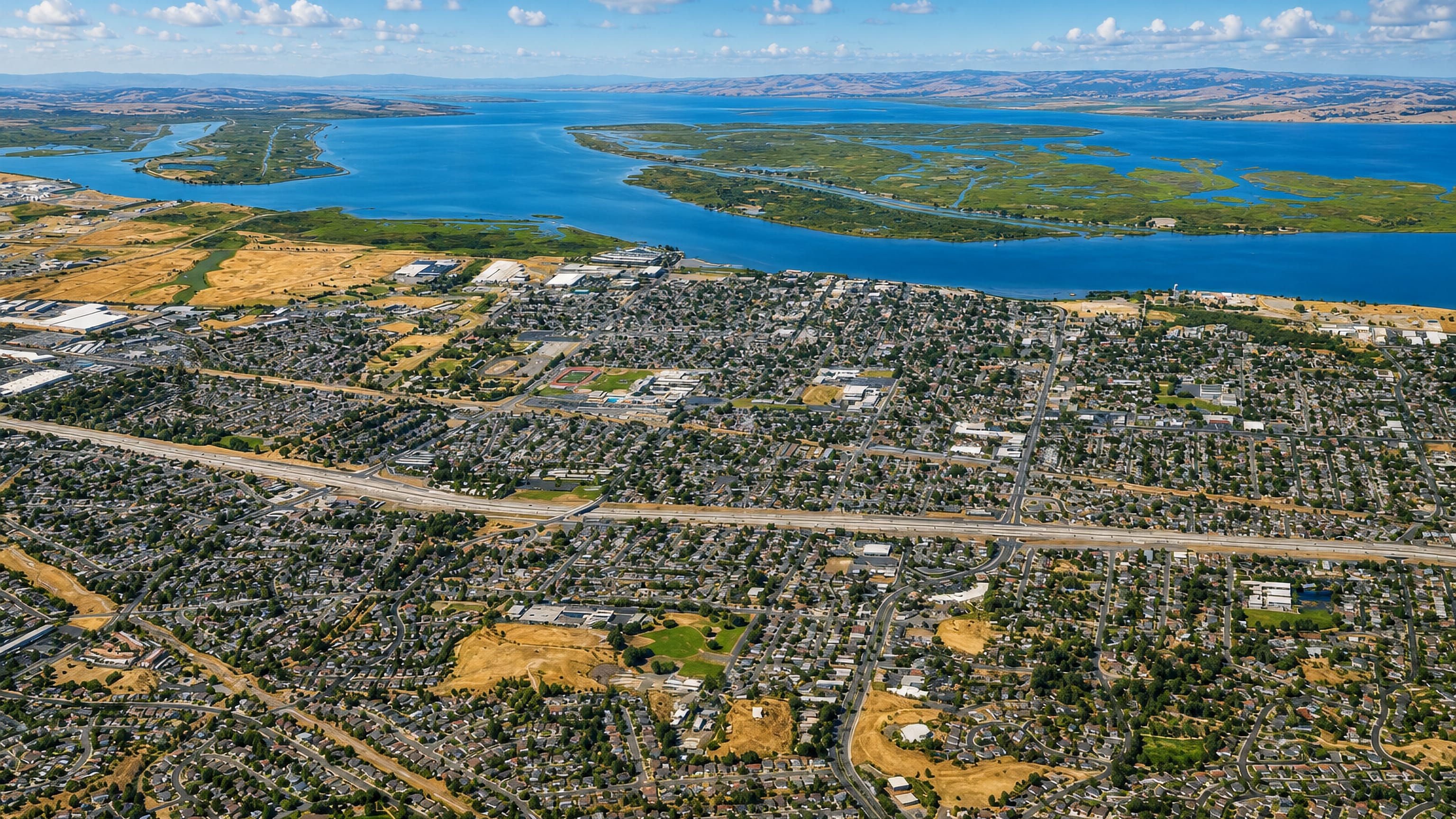 Aerial view of Antioch, California, its suburban grid meeting the San Joaquin River Delta and golden hills.