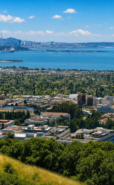 Berkeley, California with UC Berkeley's Campanile above campus and San Francisco Bay beyond