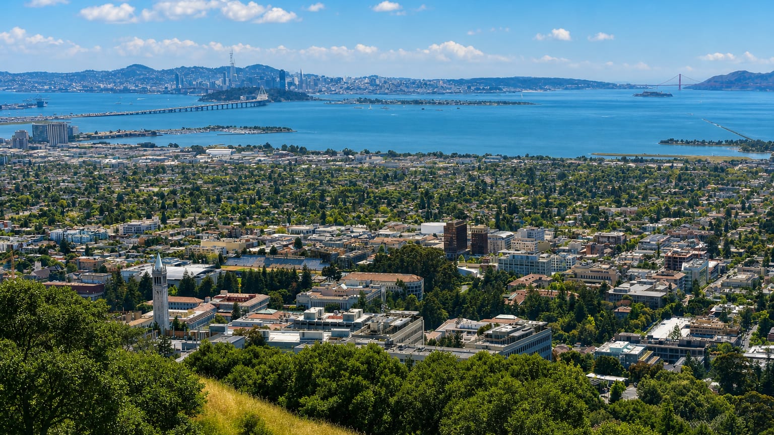 Berkeley, California with UC Berkeley's Campanile above campus and San Francisco Bay beyond