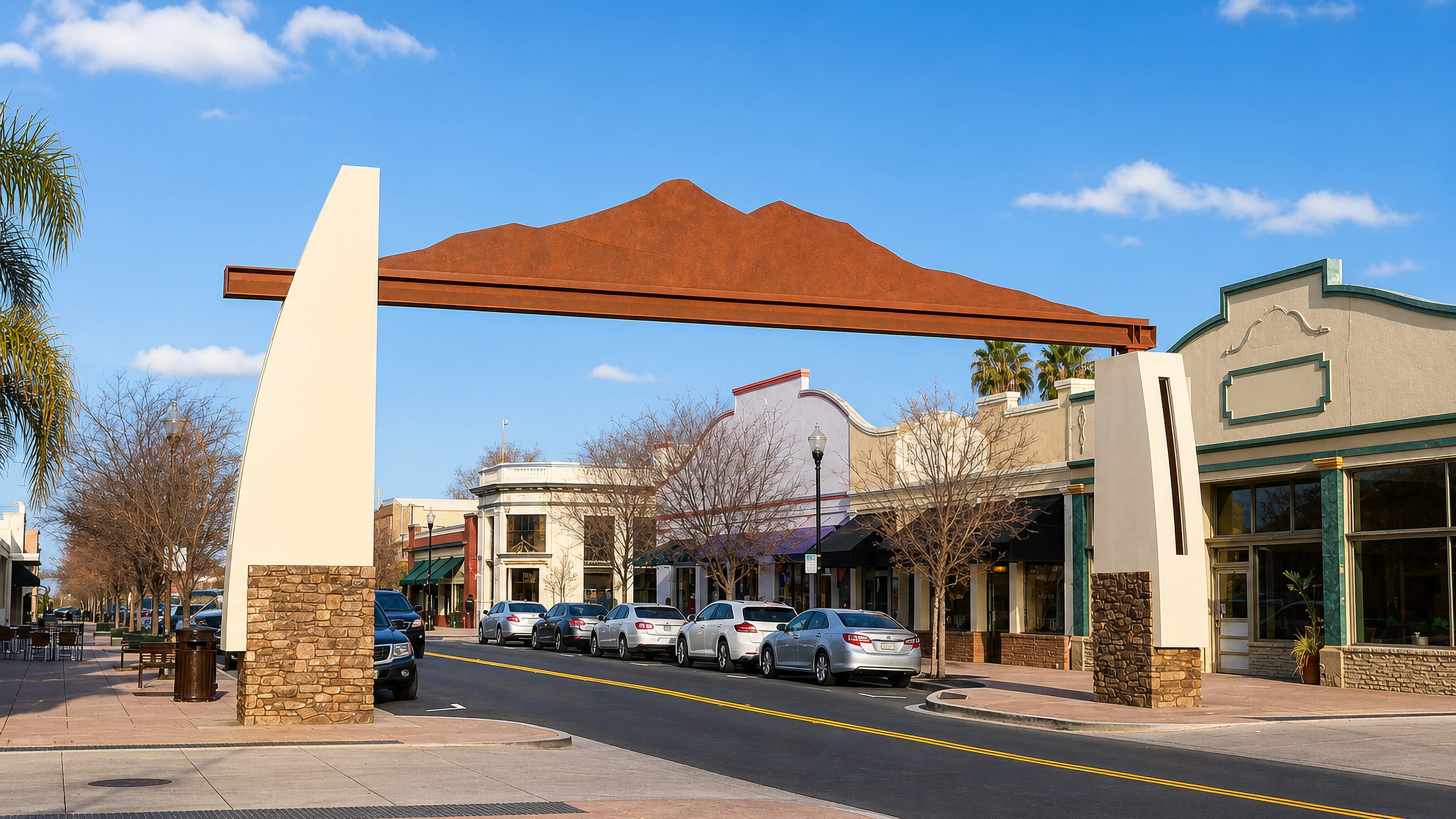 Downtown street in Brentwood, California, framed by the arch with its Mount Diablo silhouette