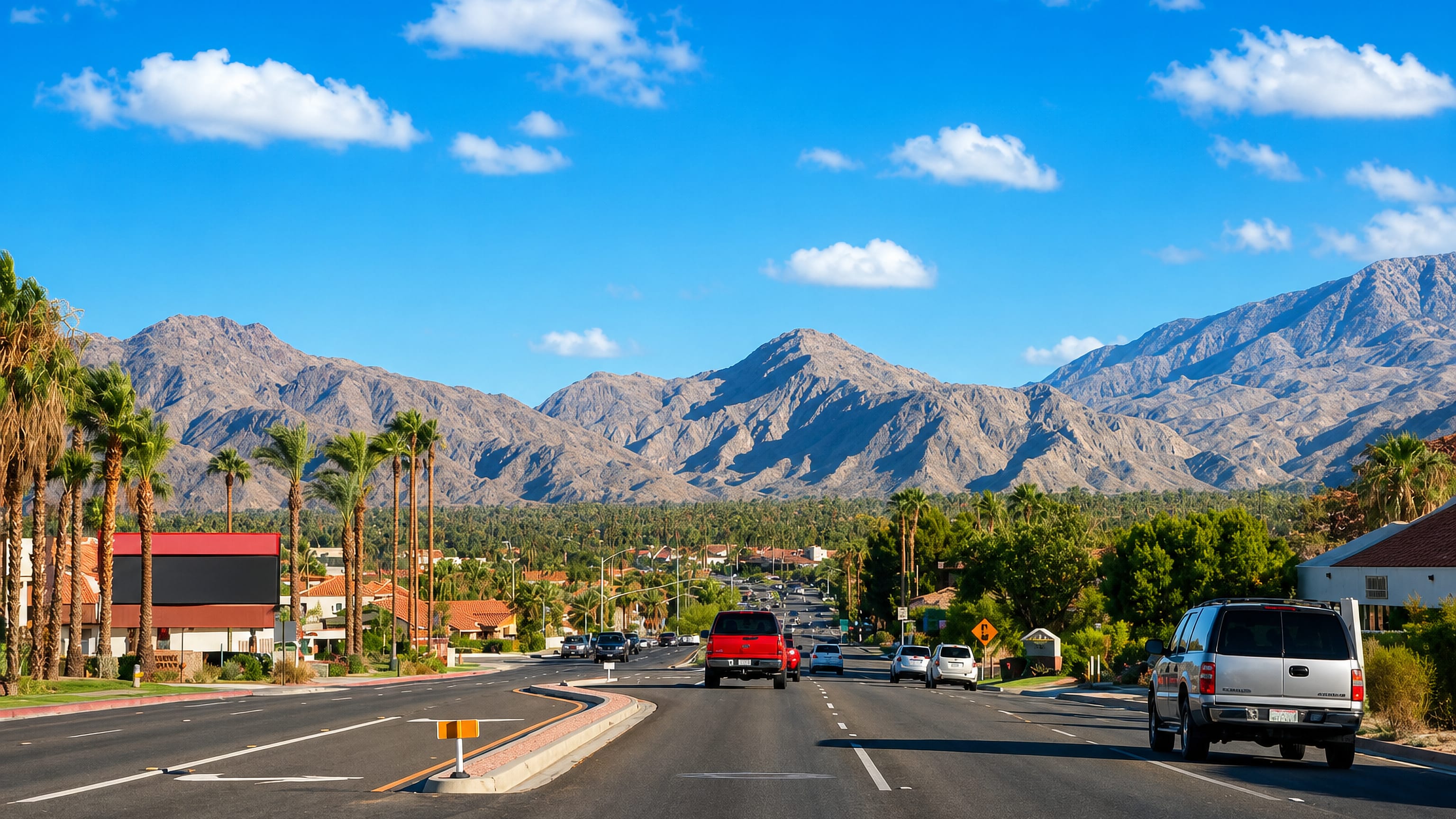 Palm-lined boulevard running toward the desert mountains in Cathedral City, California