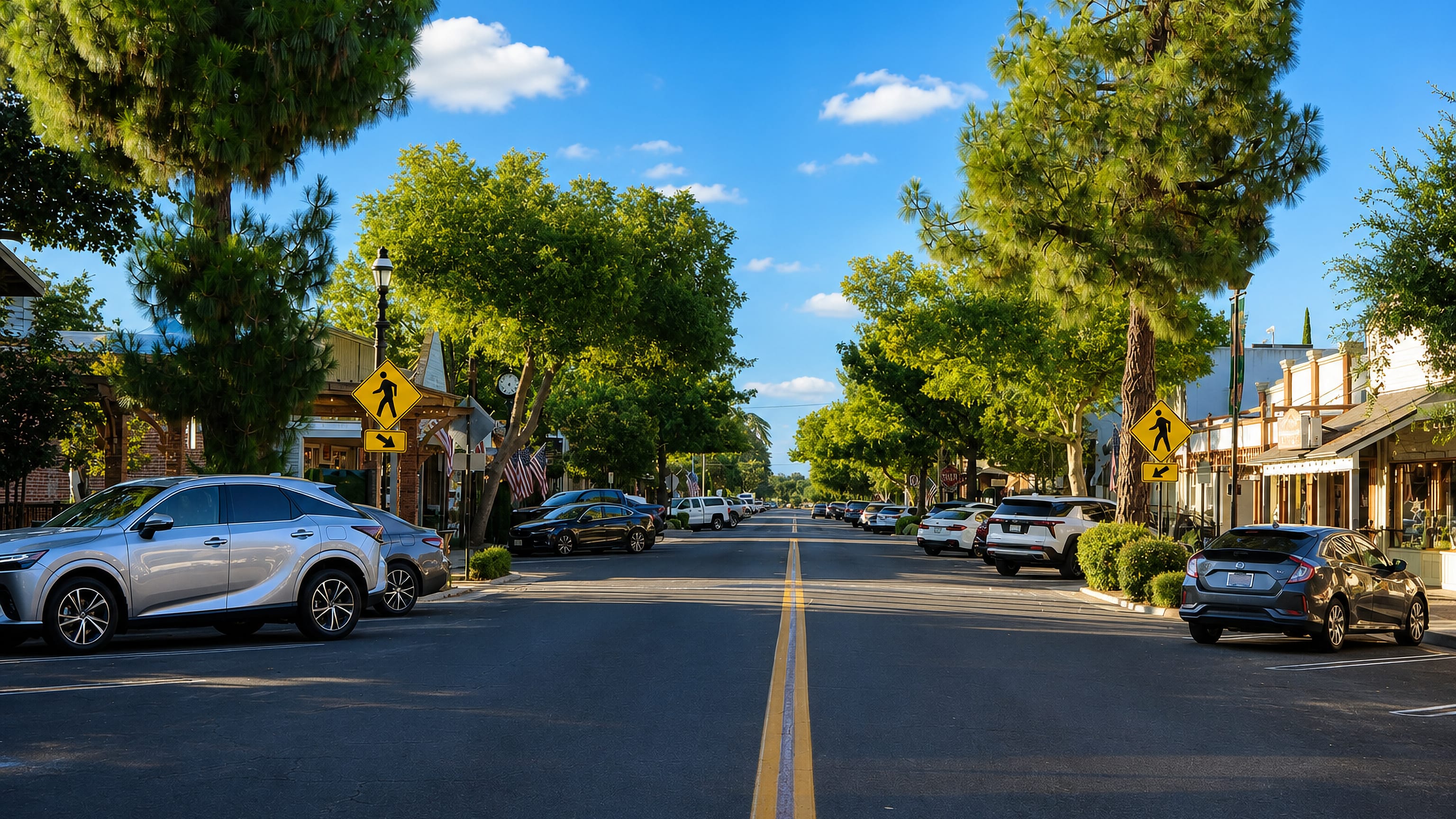 Tree-lined main street of Old Town Clovis, California, with brick storefronts, US flags and parked cars.