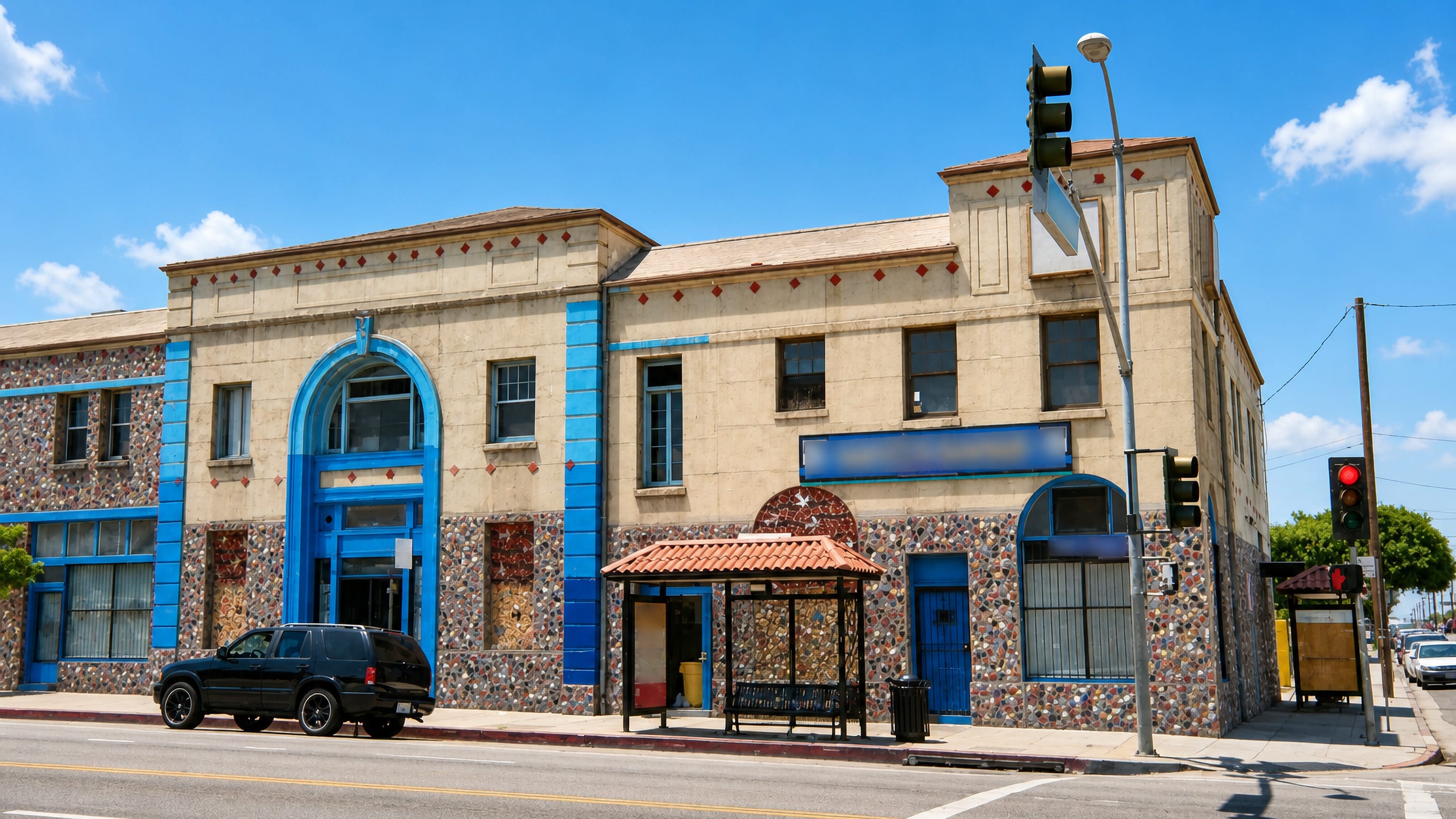 Street corner with a pebble-faced commercial building and bus shelter in East Los Angeles