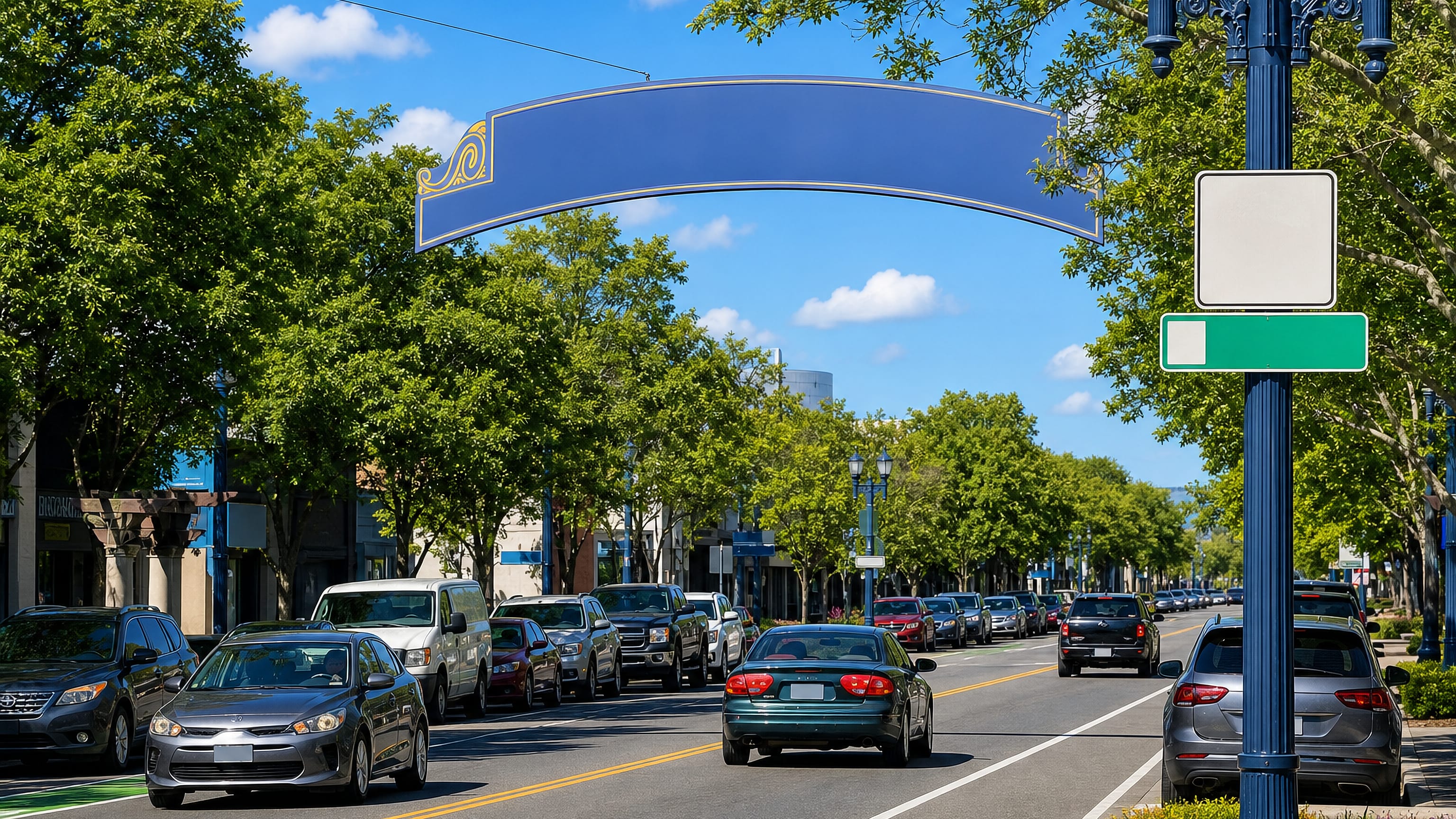 Tree-lined downtown street with traffic and a banner arch in Fairfield, California.