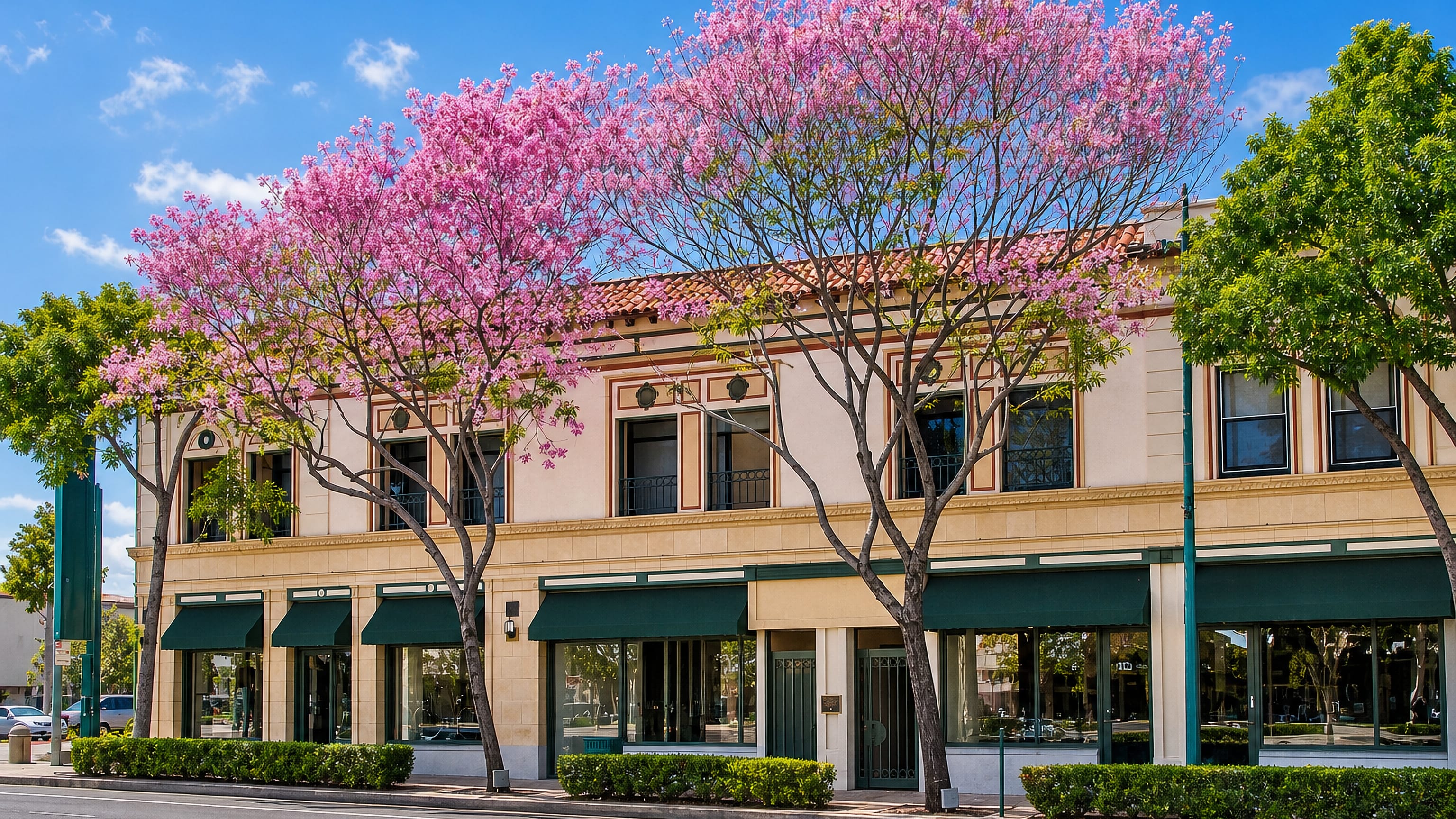 A Spanish Revival storefront block with green awnings and pink blossoming trees in downtown Fullerton, California.