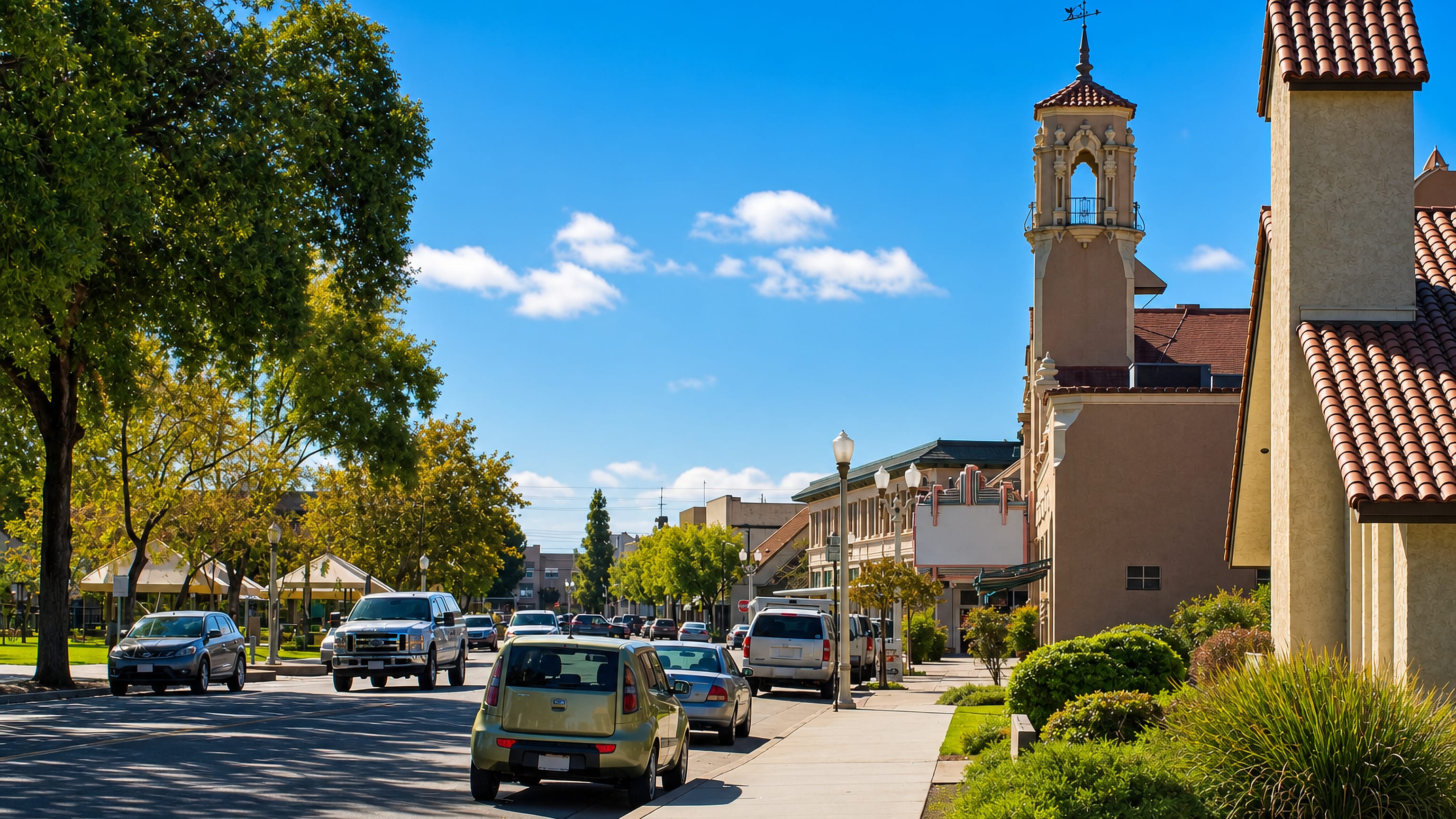 Downtown Hanford street beside a shaded park, with a mission-style bell tower and a theatre marquee