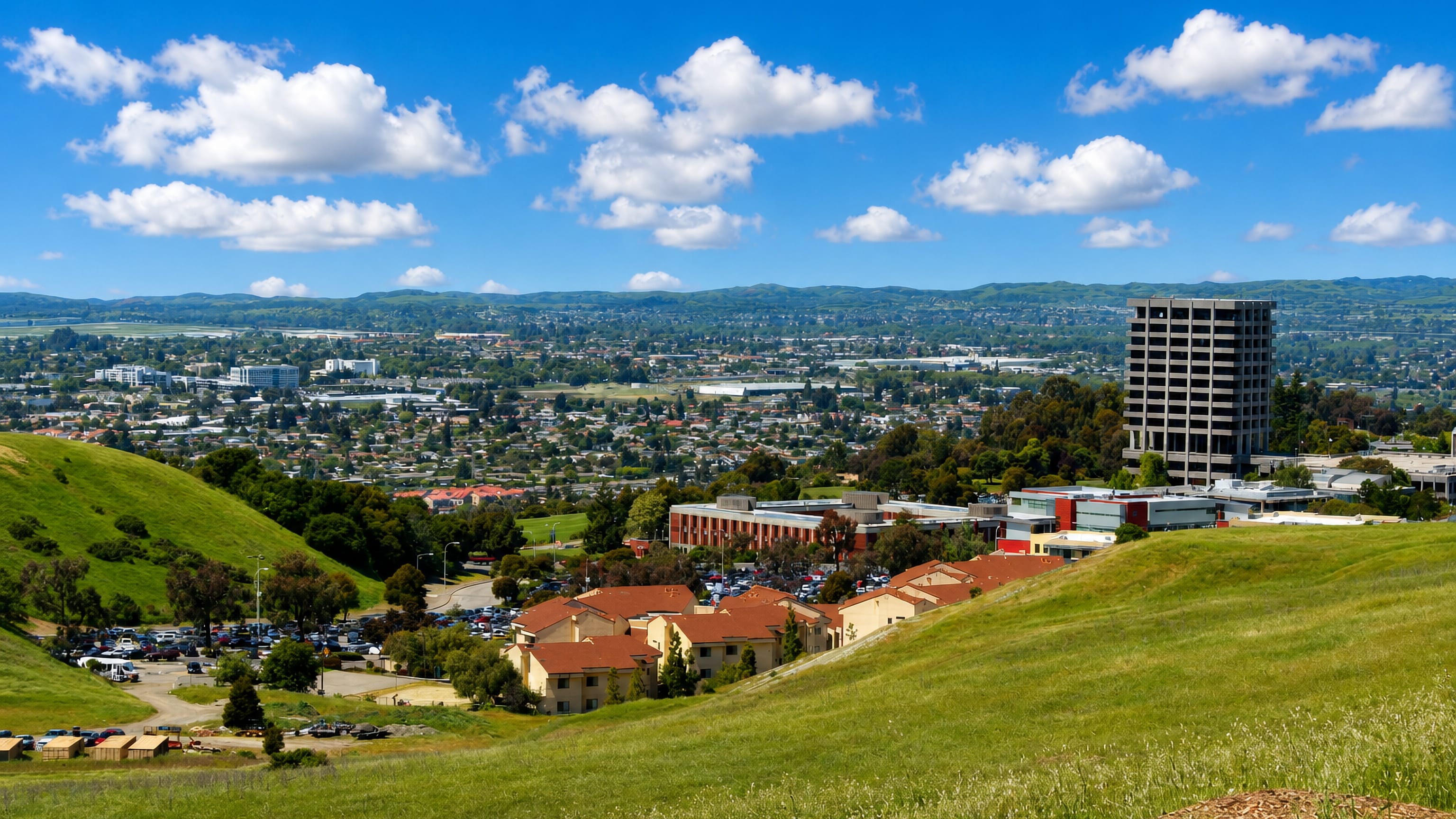 Hayward, California seen from the green Hayward Hills, a concrete tower and low-rise city spreading toward the bay.