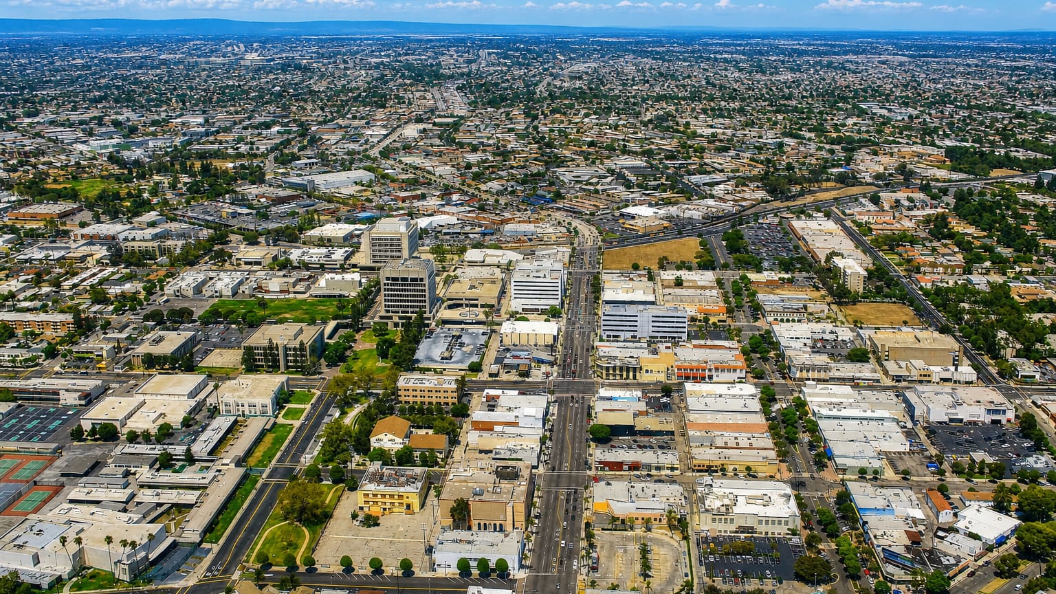Aerial view over Inglewood, California, its low-rise grid stretching toward the horizon on a clear day