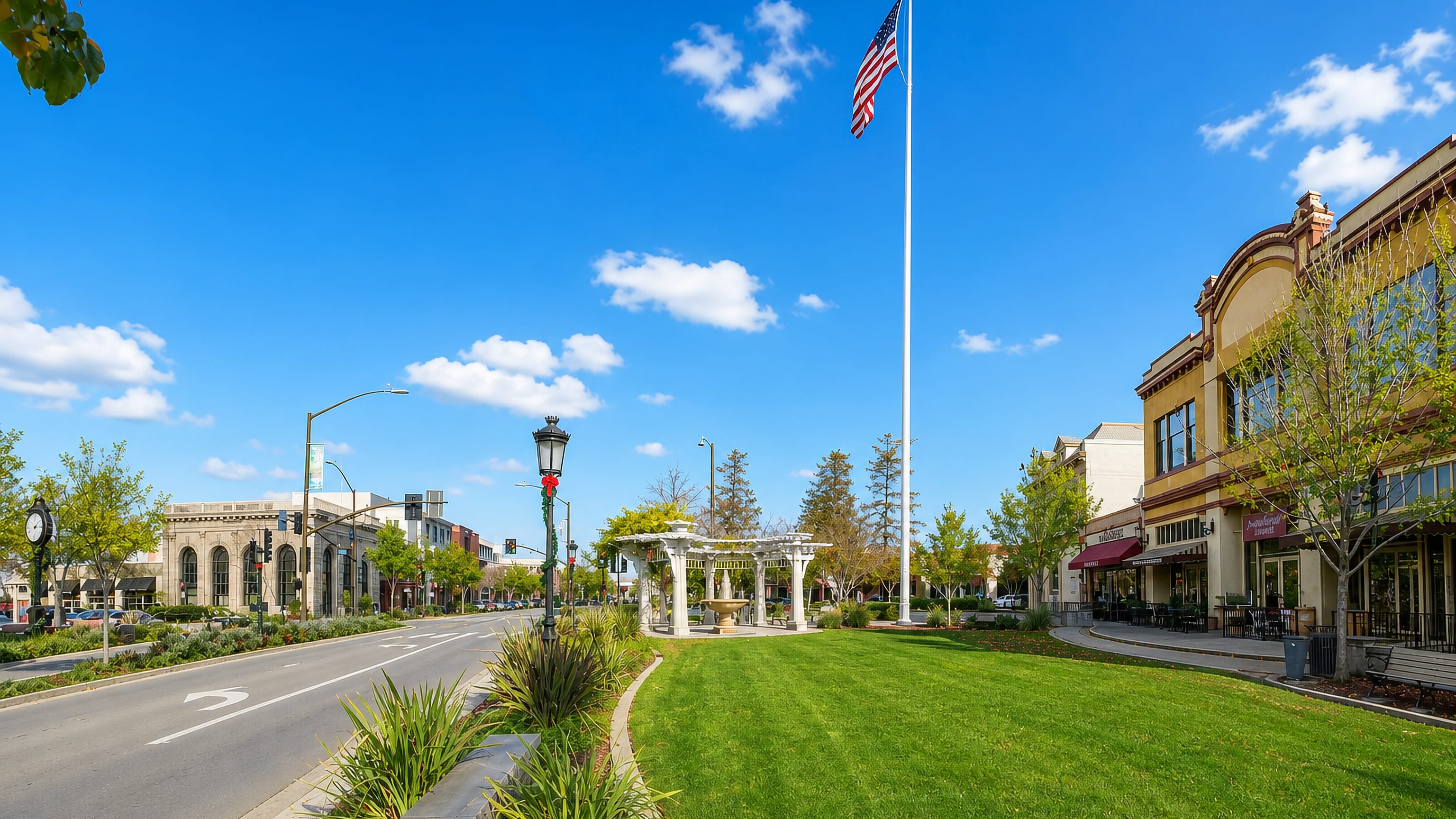Downtown Livermore, California, with its flagpole plaza lawn, fountain pergola and First Street storefronts