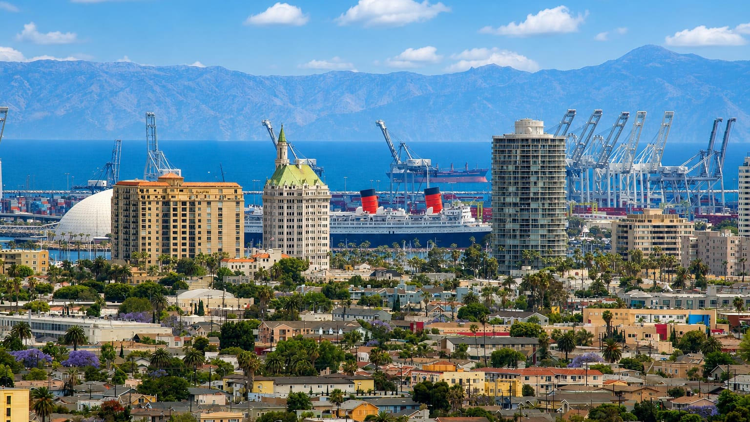 Long Beach skyline with the Queen Mary liner and port gantry cranes below mountains, California