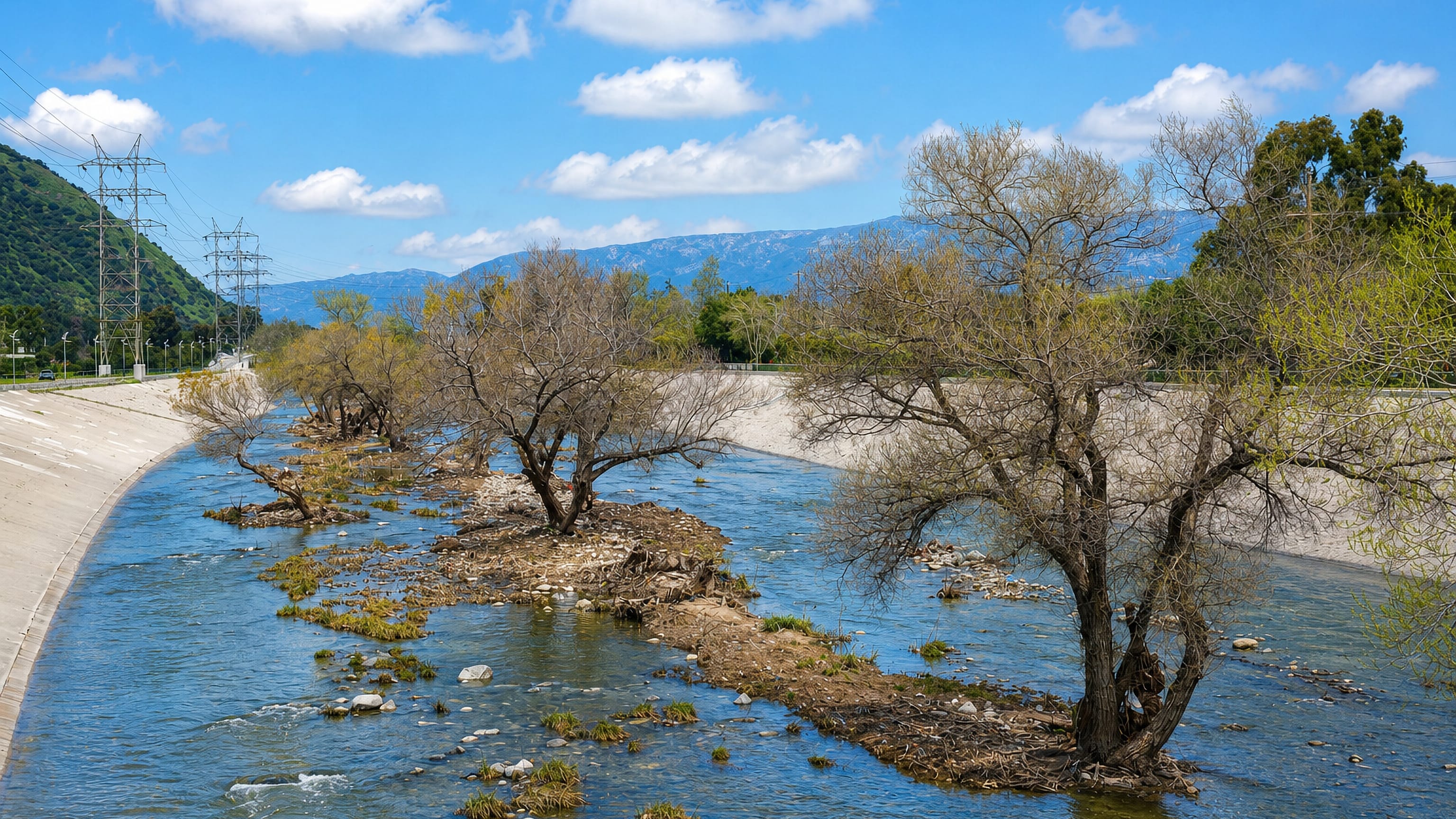 Los Angeles River channel beside Atwater Village, with willow-covered gravel bars and mountains beyond