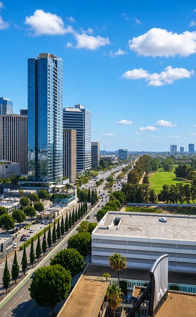 Aerial view of Beverly Hills with Century City towers, a tree-lined boulevard and a golf course under blue sky