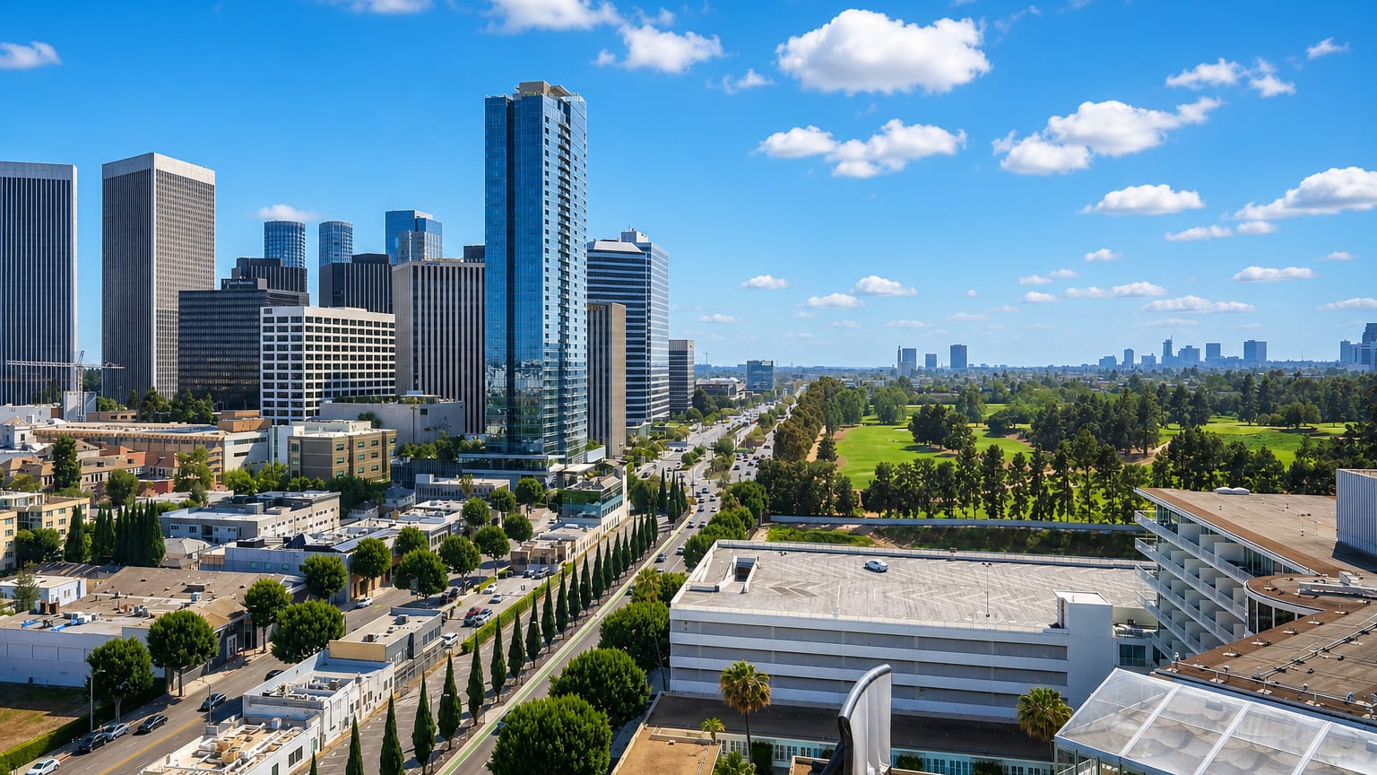 Aerial view of Beverly Hills with Century City towers, a tree-lined boulevard and a golf course under blue sky