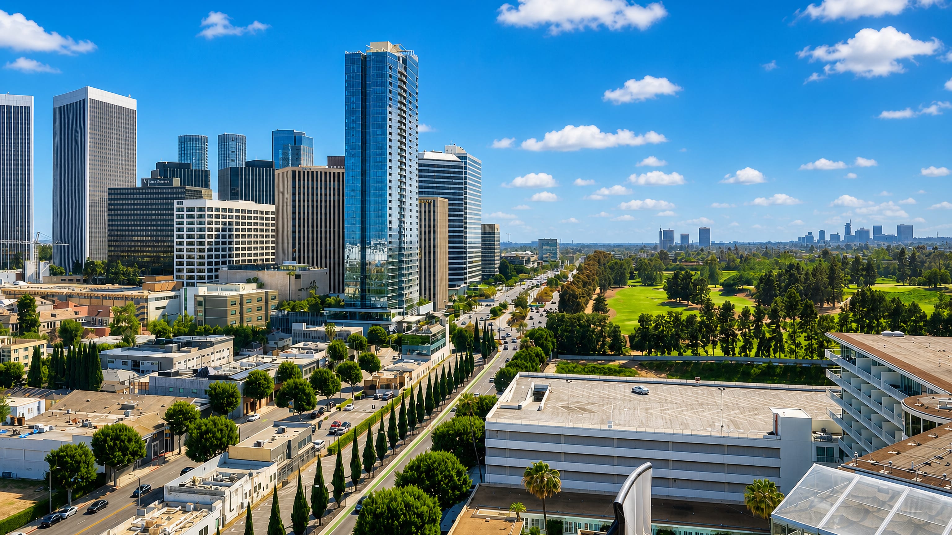 Century City, Los Angeles, its Avenue of the Stars high-rises beside the green Los Angeles Country Club.