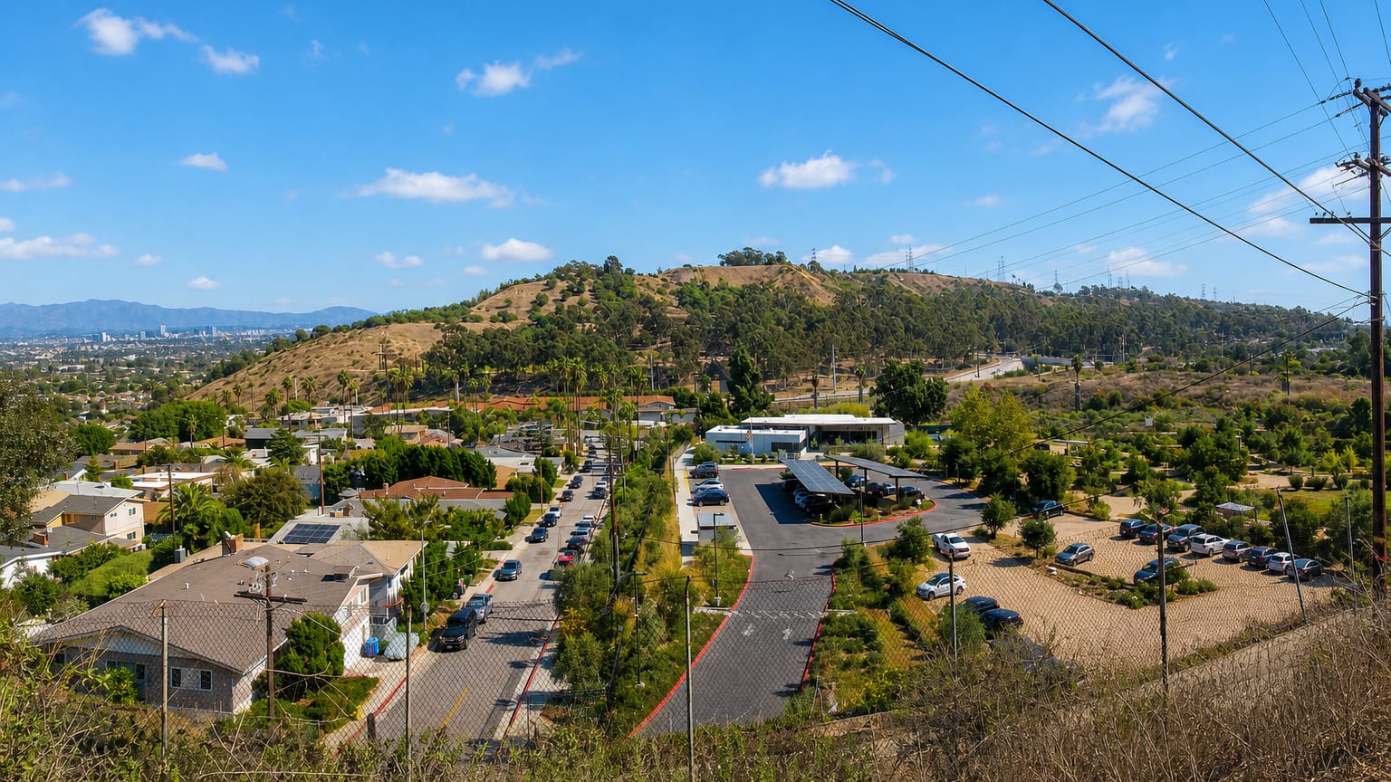 Hillside residential streets and a business lot in Culver City with the distant Los Angeles skyline