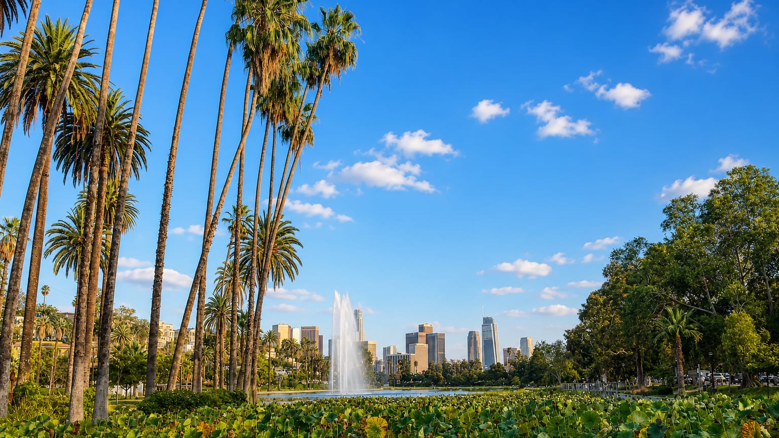 Palm trees frame Echo Park Lake's lotus beds and fountain with the downtown Los Angeles skyline beyond.