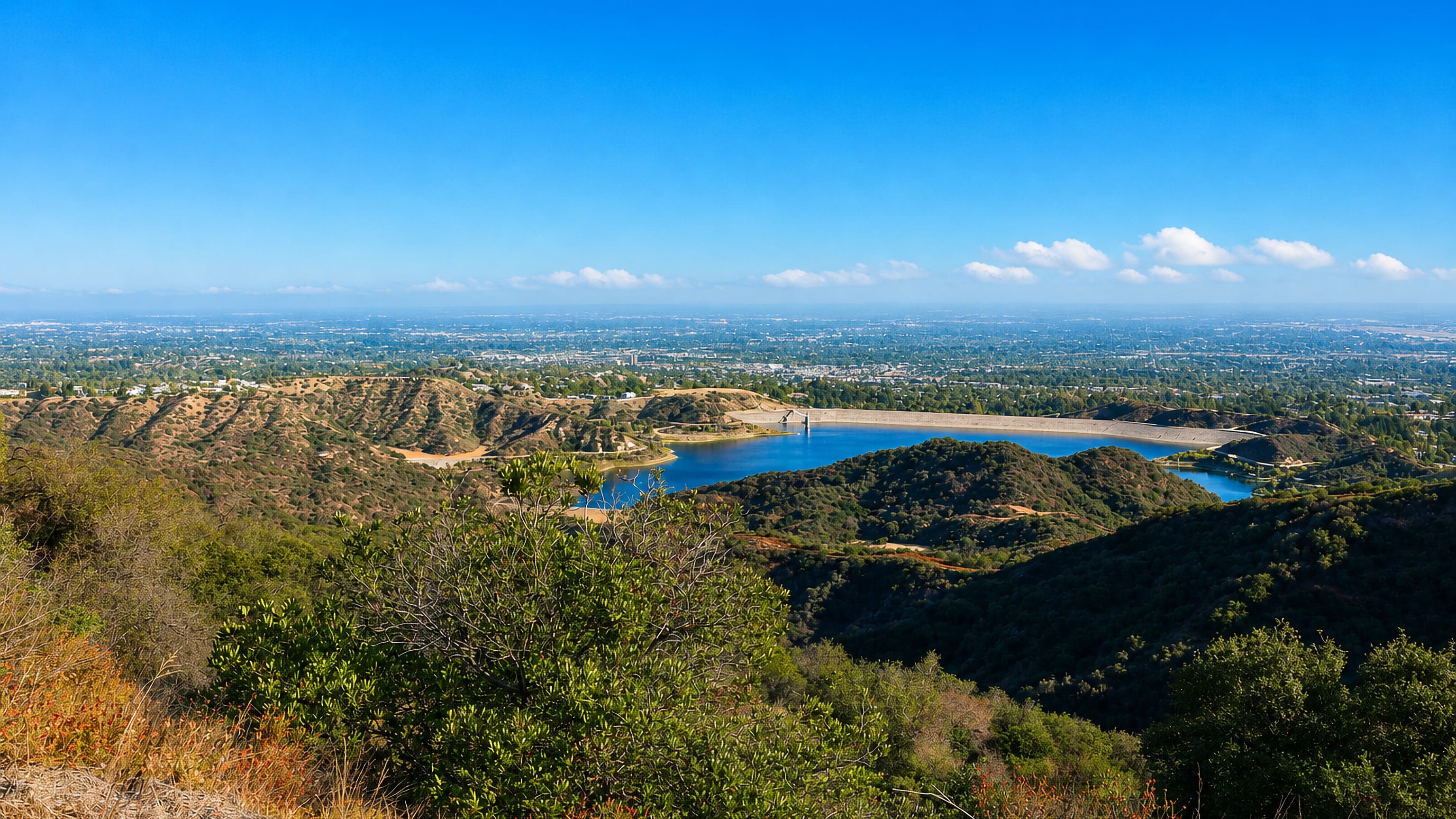 Chaparral hills above Encino, Los Angeles, framing a hillside reservoir and the San Fernando Valley beyond.